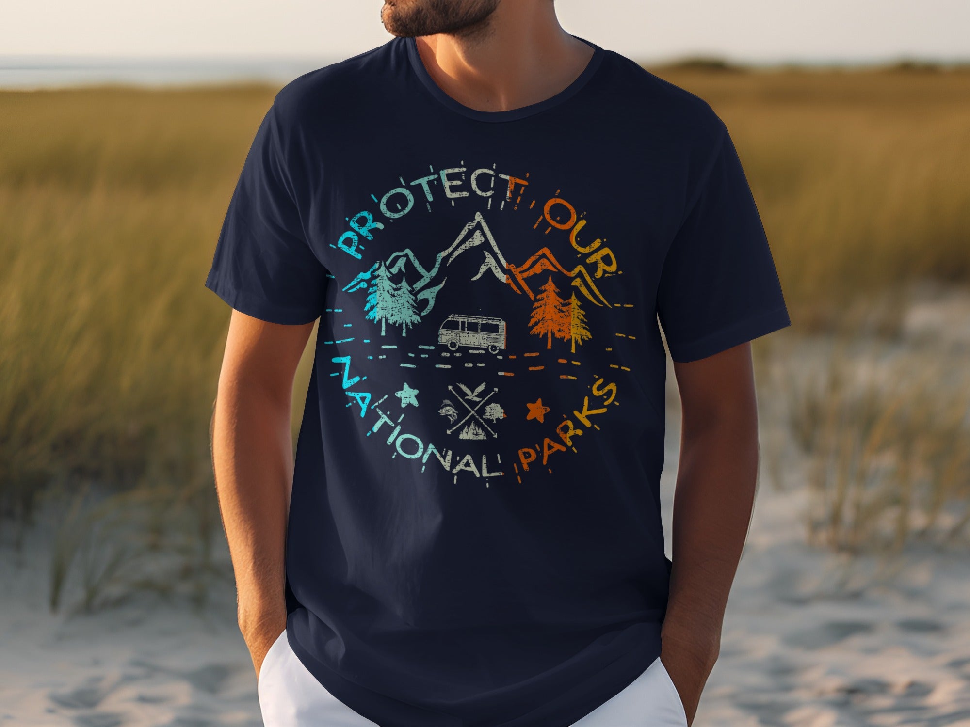 Navy t-shirt with circular "Protect Our National Parks" graphic featuring mountains, trees, and a van.