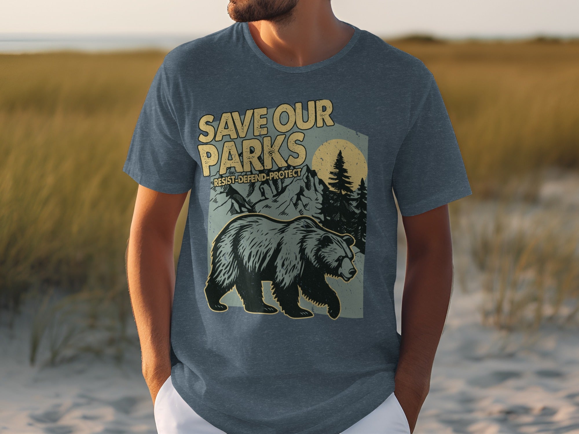 Dark grey t-shirt with "Save Our Parks" graphic featuring a bear and mountains.