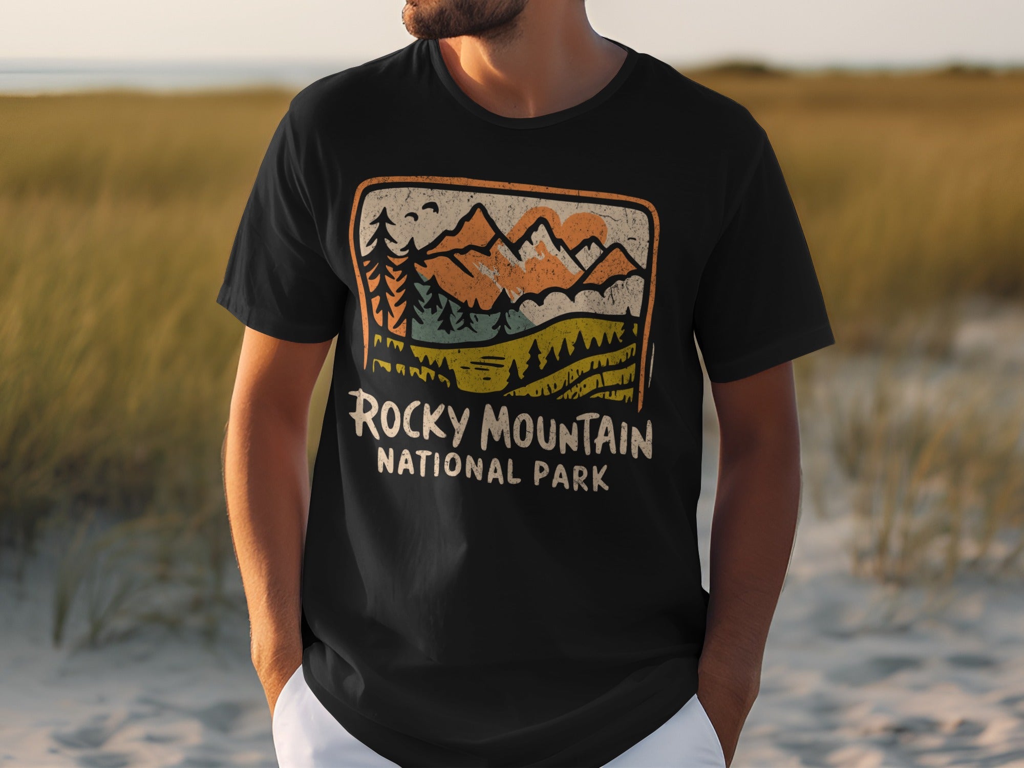 Black t-shirt with Rocky Mountain National Park landscape graphic and text.