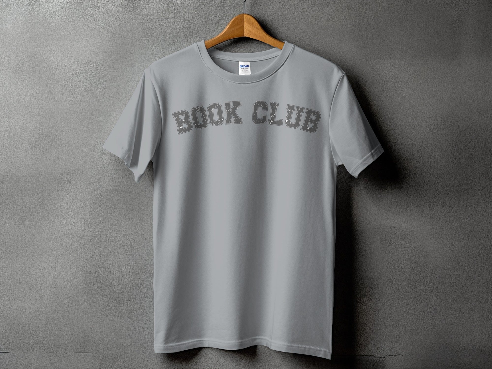 Grey t-shirt with a distressed "BOOK CLUB" graphic across the chest.