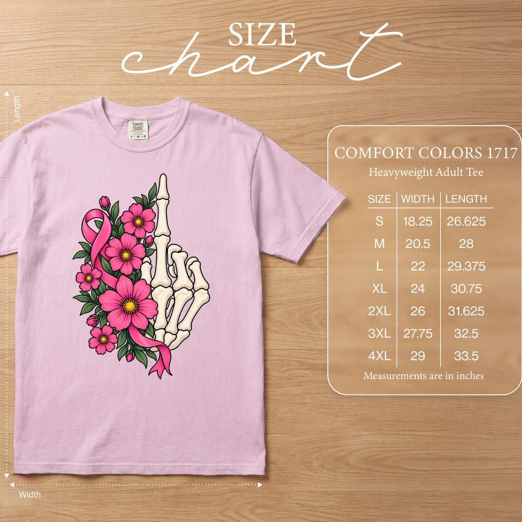 Pink t-shirt featuring a skeleton hand with flowers and a pink ribbon, with size chart.