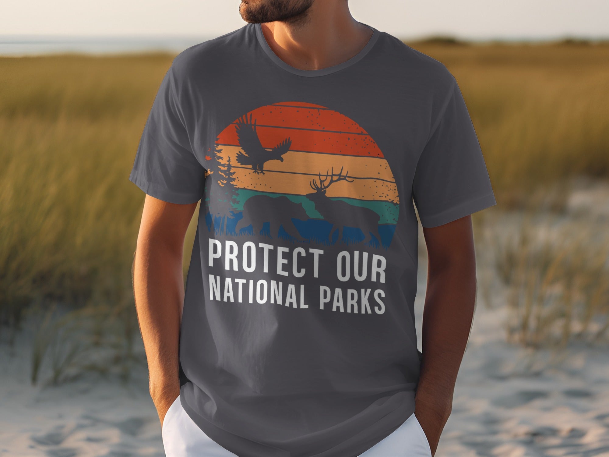 Men's dark grey t-shirt with "Protect Our National Parks" text and wildlife graphic.