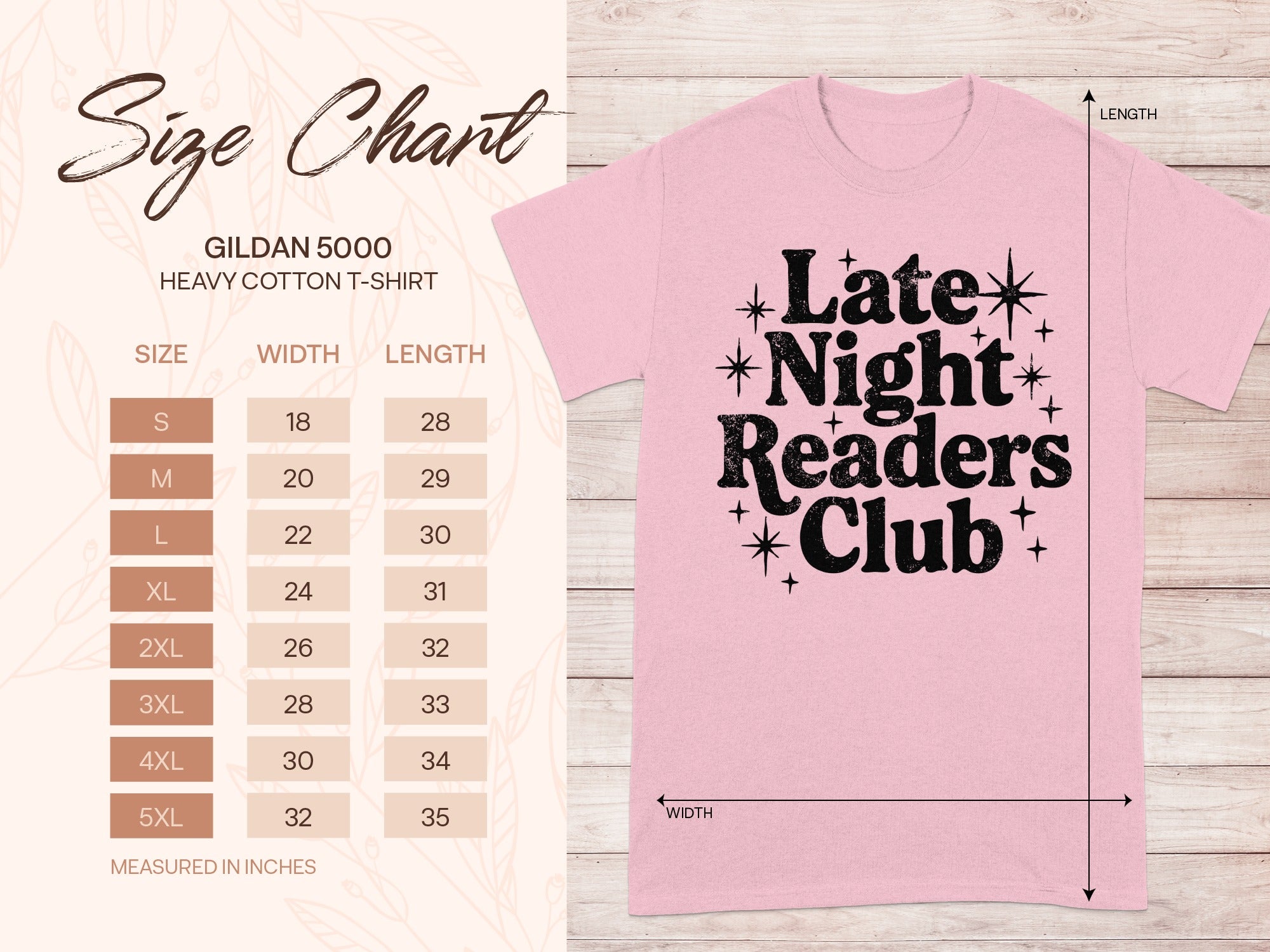Gildan 5000 Heavy Cotton t-shirt with "Late Night Readers Club" graphic and size chart.