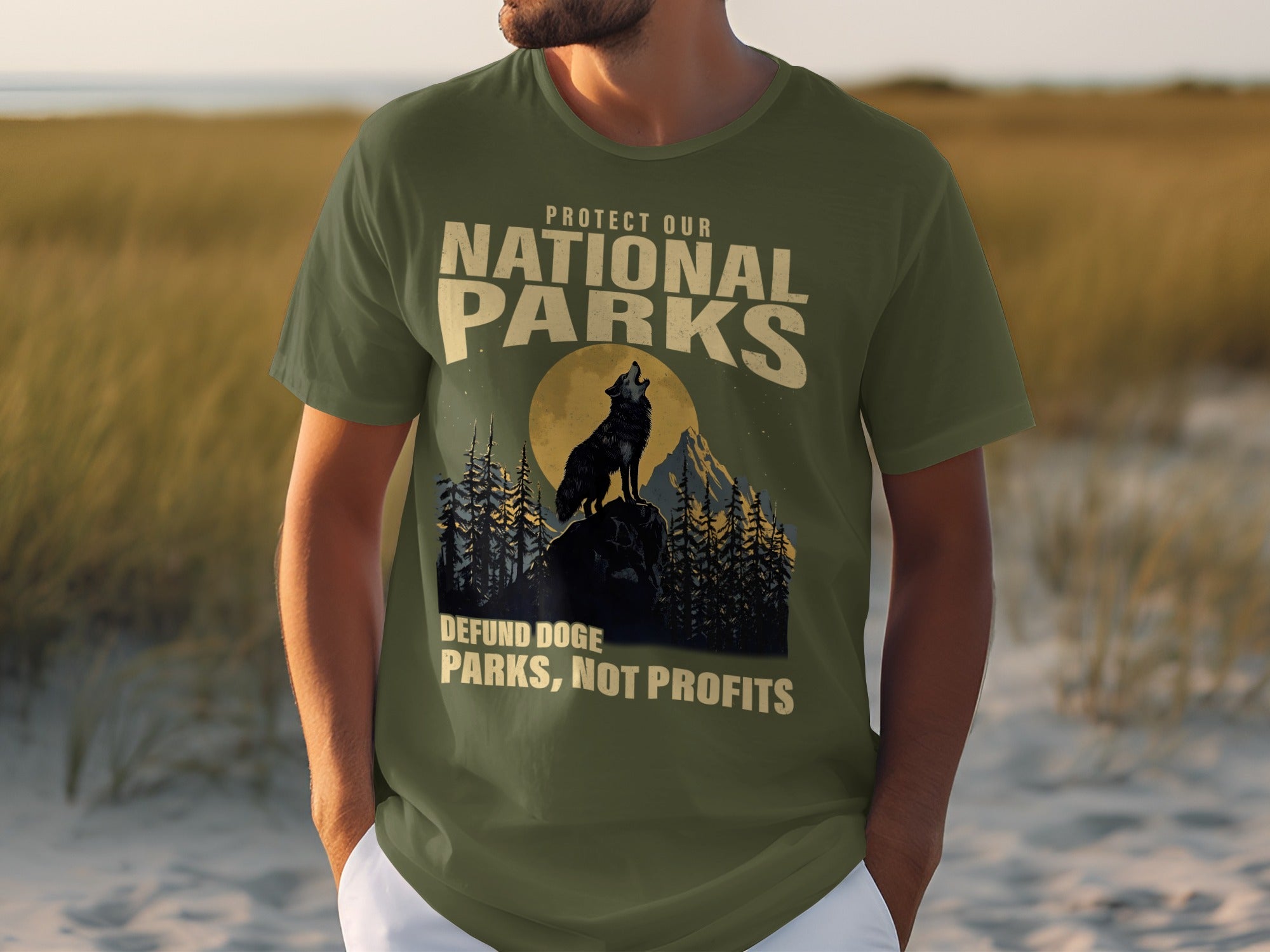 Green t-shirt with "Protect Our National Parks" and wolf graphic.