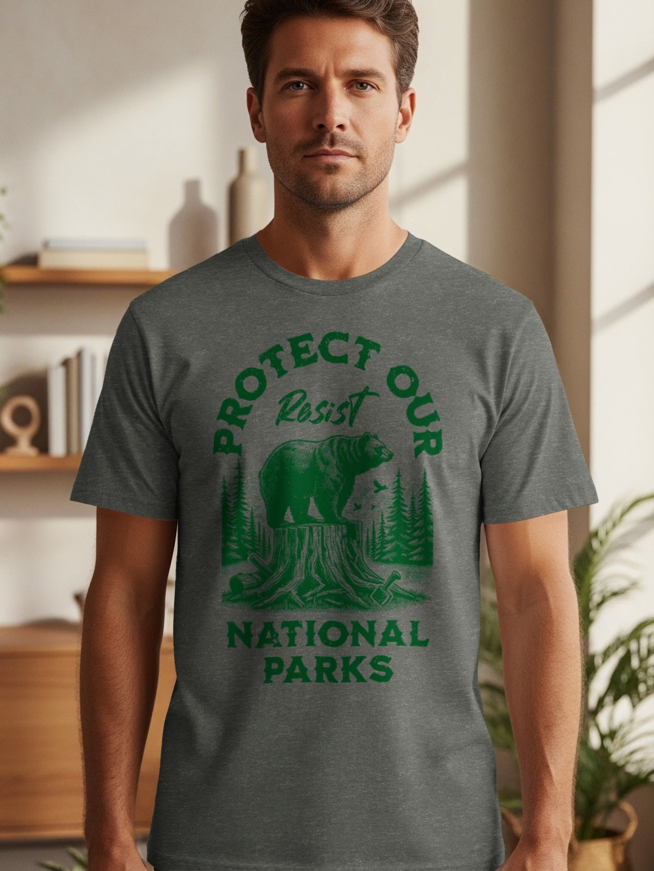 Charcoal t-shirt with "Protect Our Resist National Parks" text and bear on stump graphic.