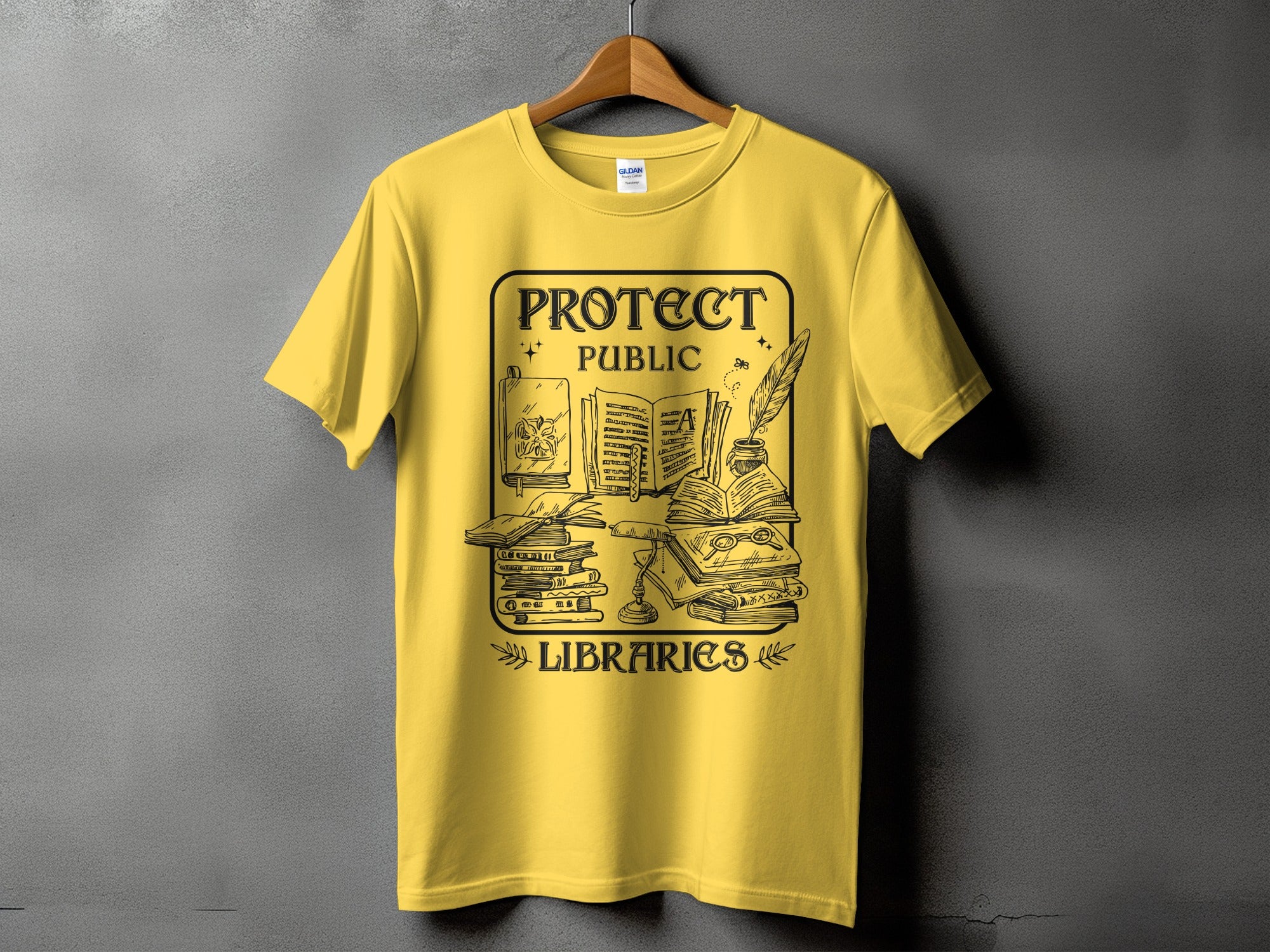 Yellow t-shirt with "Protect Public Libraries" text and book illustration.