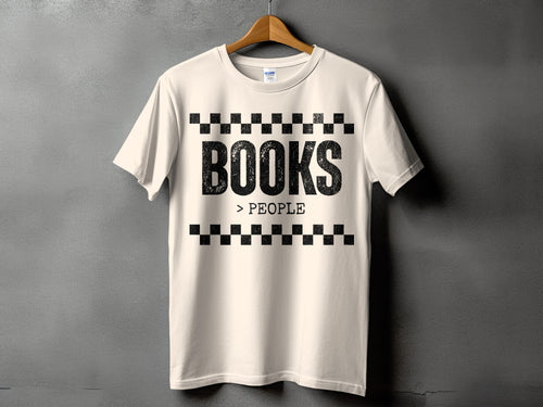 Cream t-shirt with distressed black text "BOOKS > PEOPLE" between checkerboard patterns.