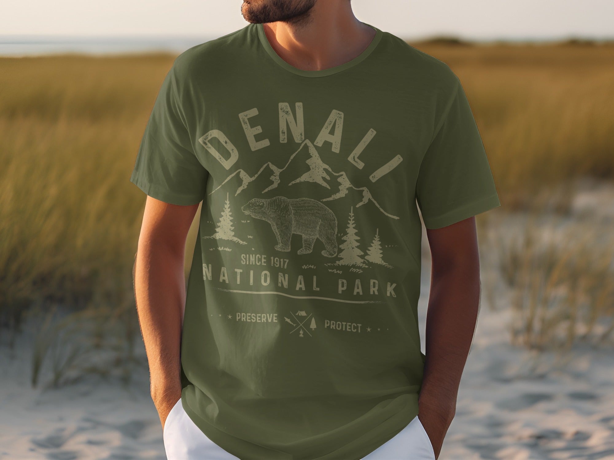 Denali National Park graphic t-shirt with bear and mountain design.