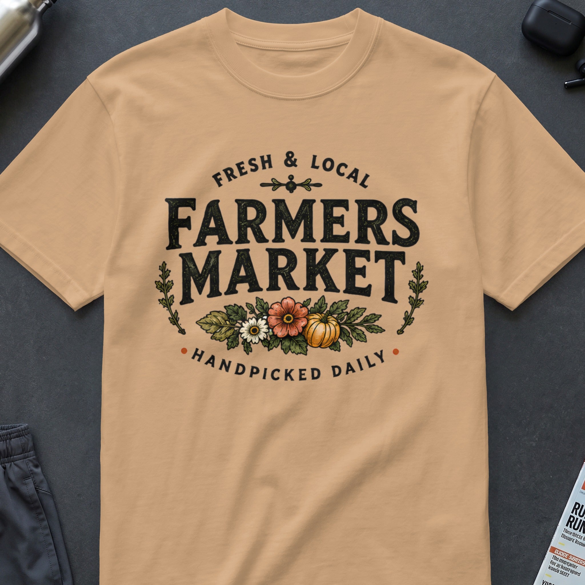 Peach t-shirt with "Farmers Market" graphic and floral art.