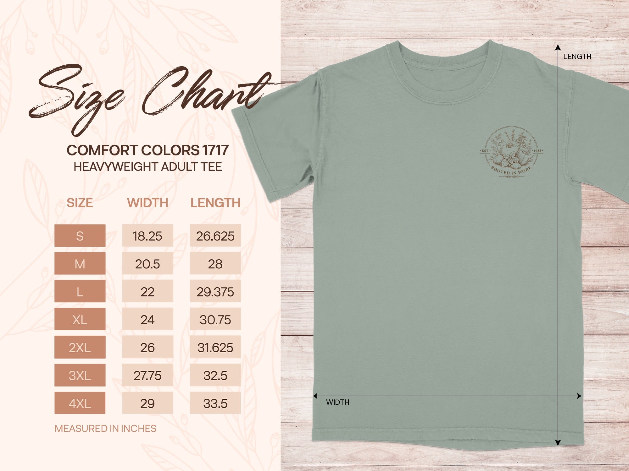 Comfort Colors 1717 heavyweight adult tee size chart with width and length measurements.