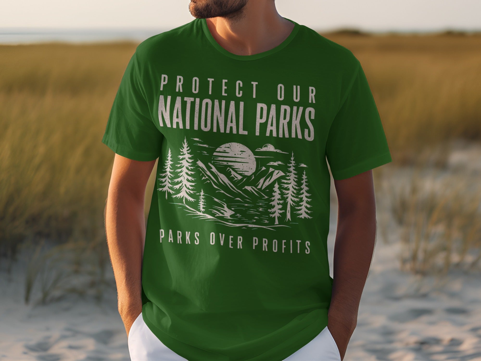 Green t-shirt with "Protect Our National Parks" and mountain graphic.