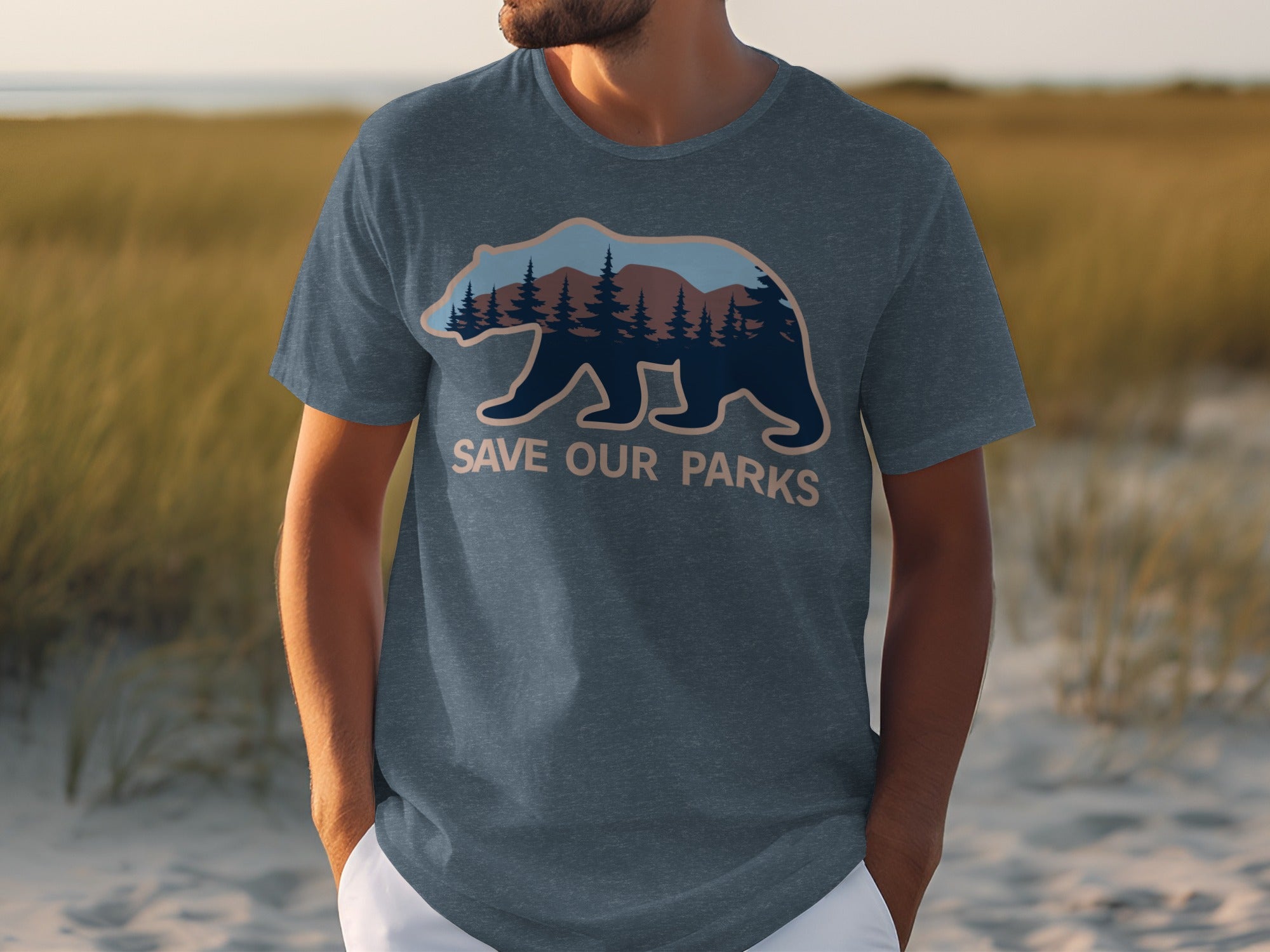 Men's t-shirt with a bear silhouette filled with trees and mountains, and "Save Our Parks" text.