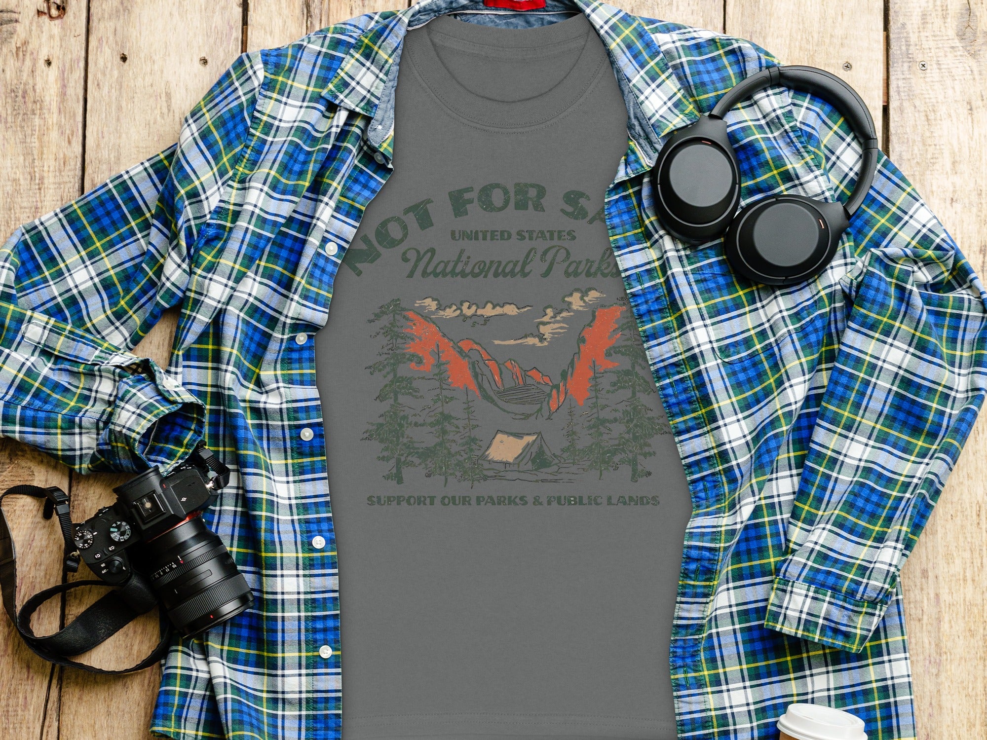 T-shirt with "NOT FOR SALE: United States National Parks" graphic and camping scene.