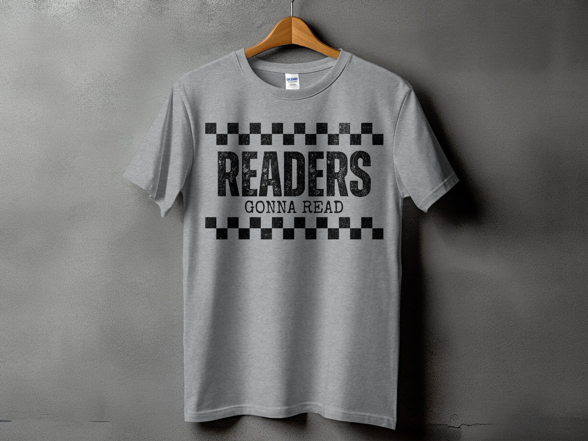 Grey t-shirt with "READERS GONNA READ" text across the chest.