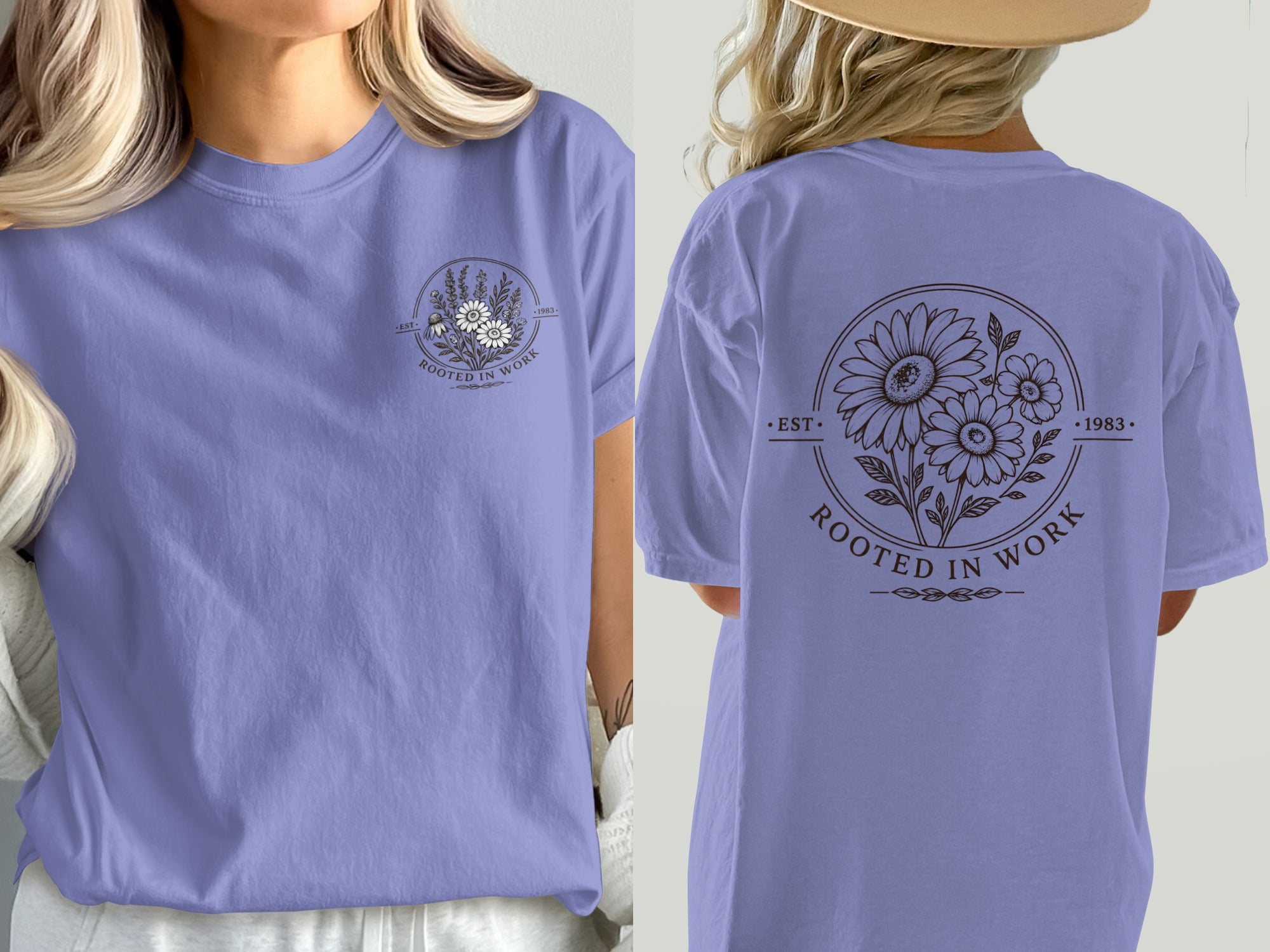 Purple t-shirt with "Rooted in Work" text and floral graphic on back.