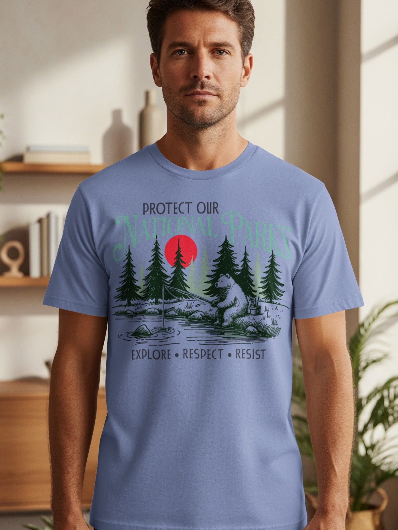 Protect Our National Parks graphic with bear fishing and text EXPLORE RESPECT RESIST.