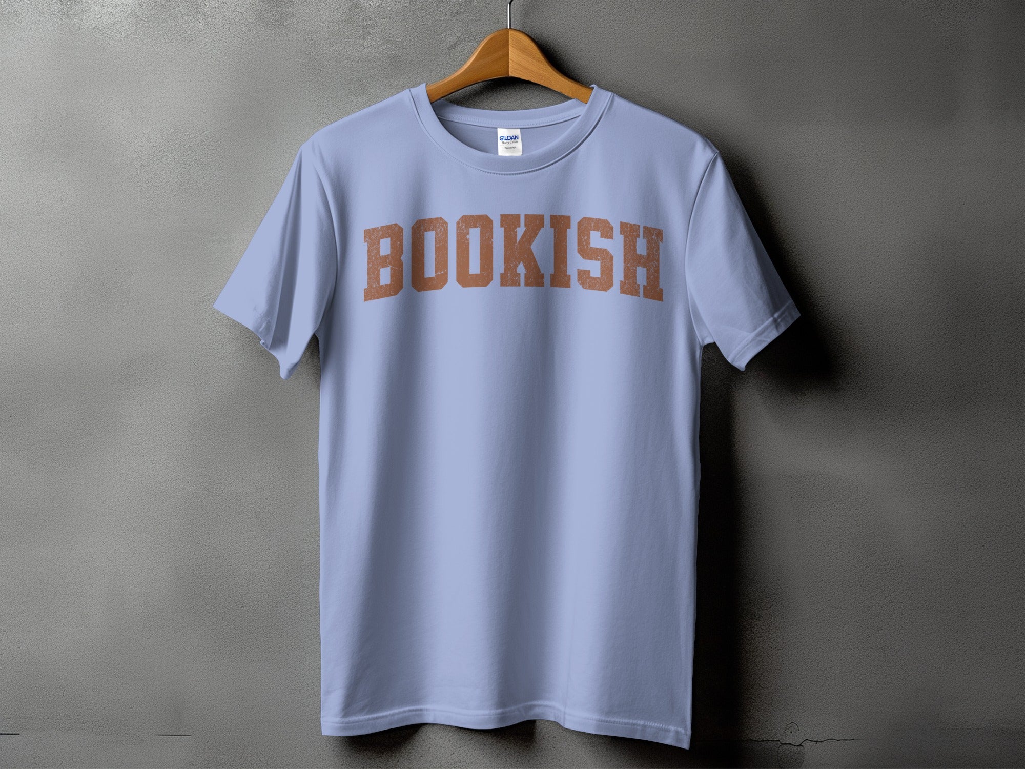 Light blue t-shirt with "BOOKISH" in distressed brown lettering.