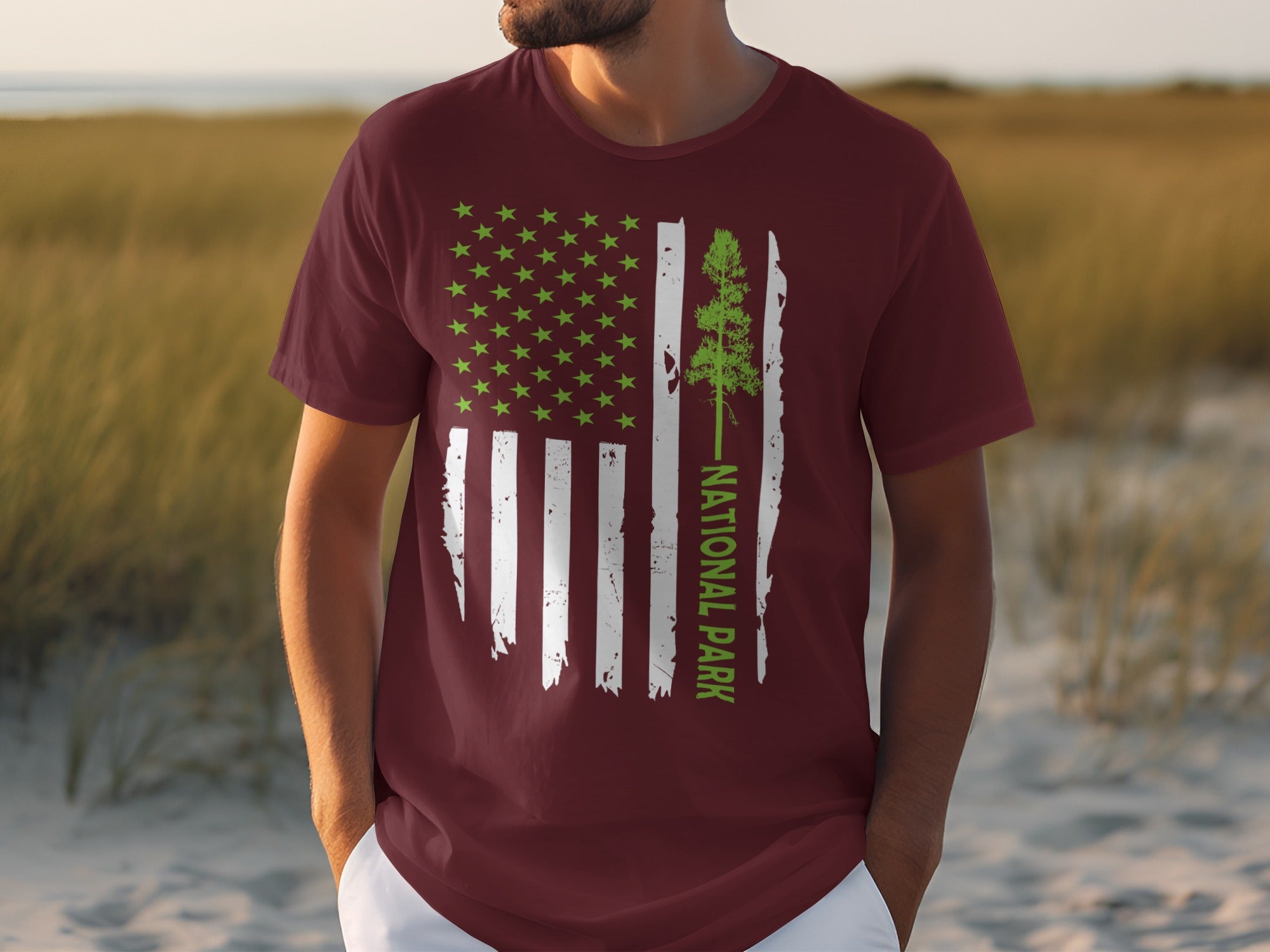 Maroon t-shirt with a distressed American flag graphic and "NATIONAL PARK" text.