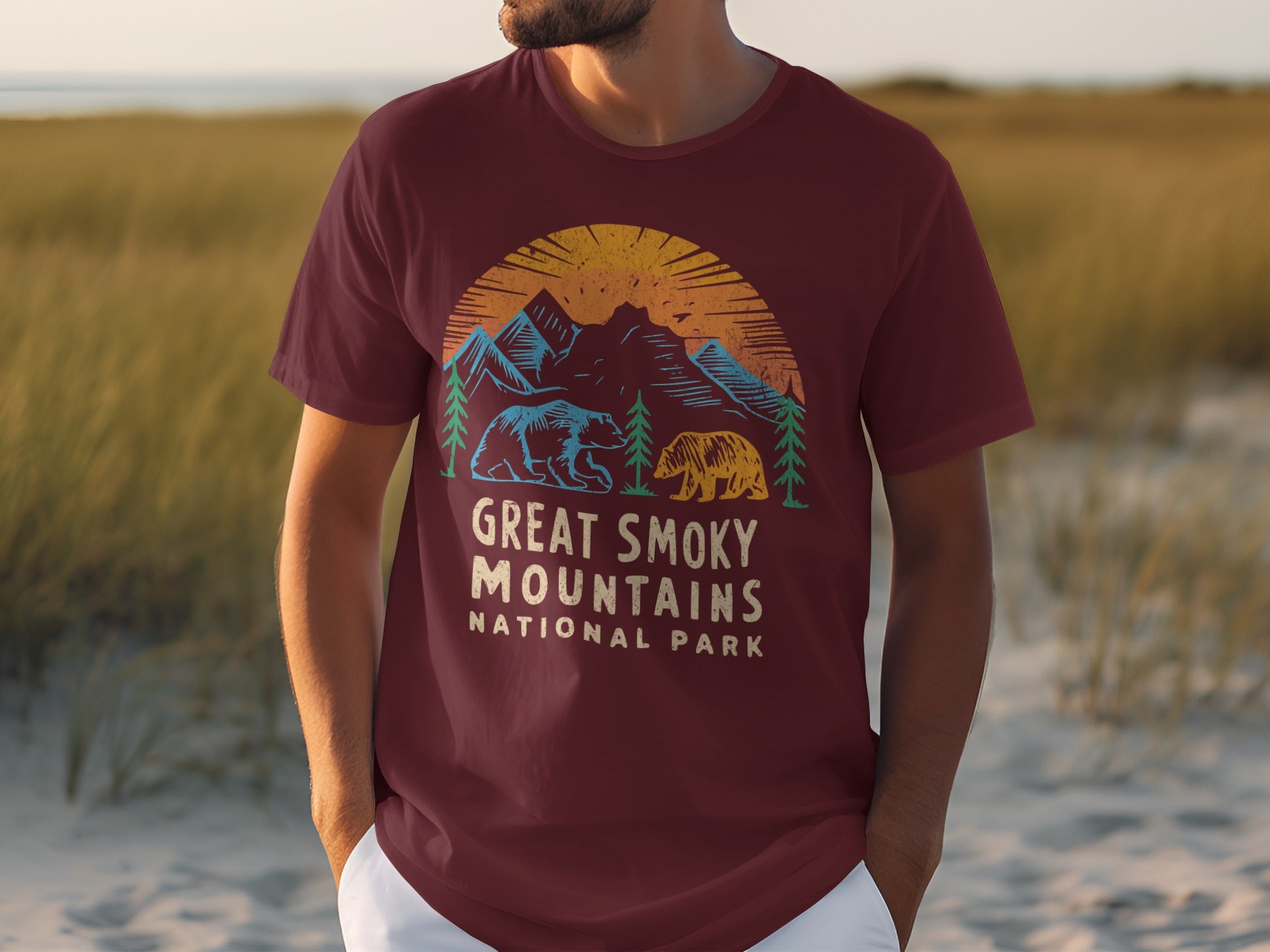 Maroon t-shirt with Great Smoky Mountains National Park logo featuring bears and mountains.