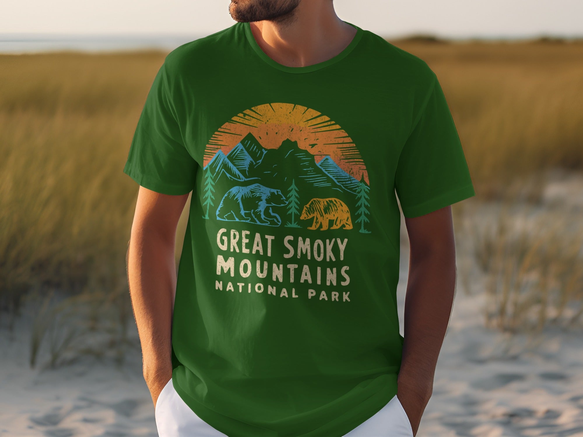 Green t-shirt with Great Smoky Mountains National Park graphic featuring bears and mountains.