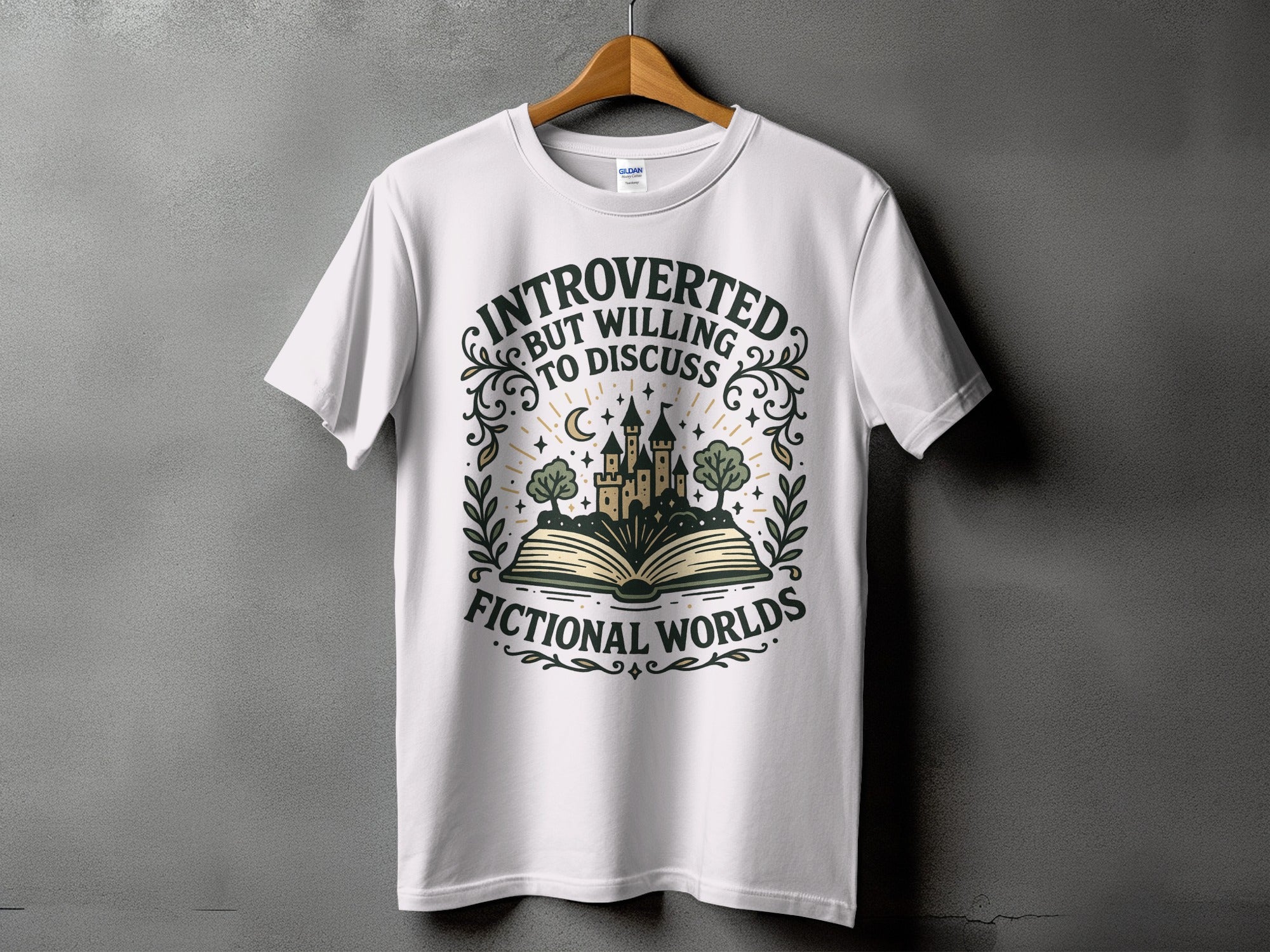 White t-shirt with 'Introverted but Willing to Discuss Fictional Worlds' text and castle graphic.