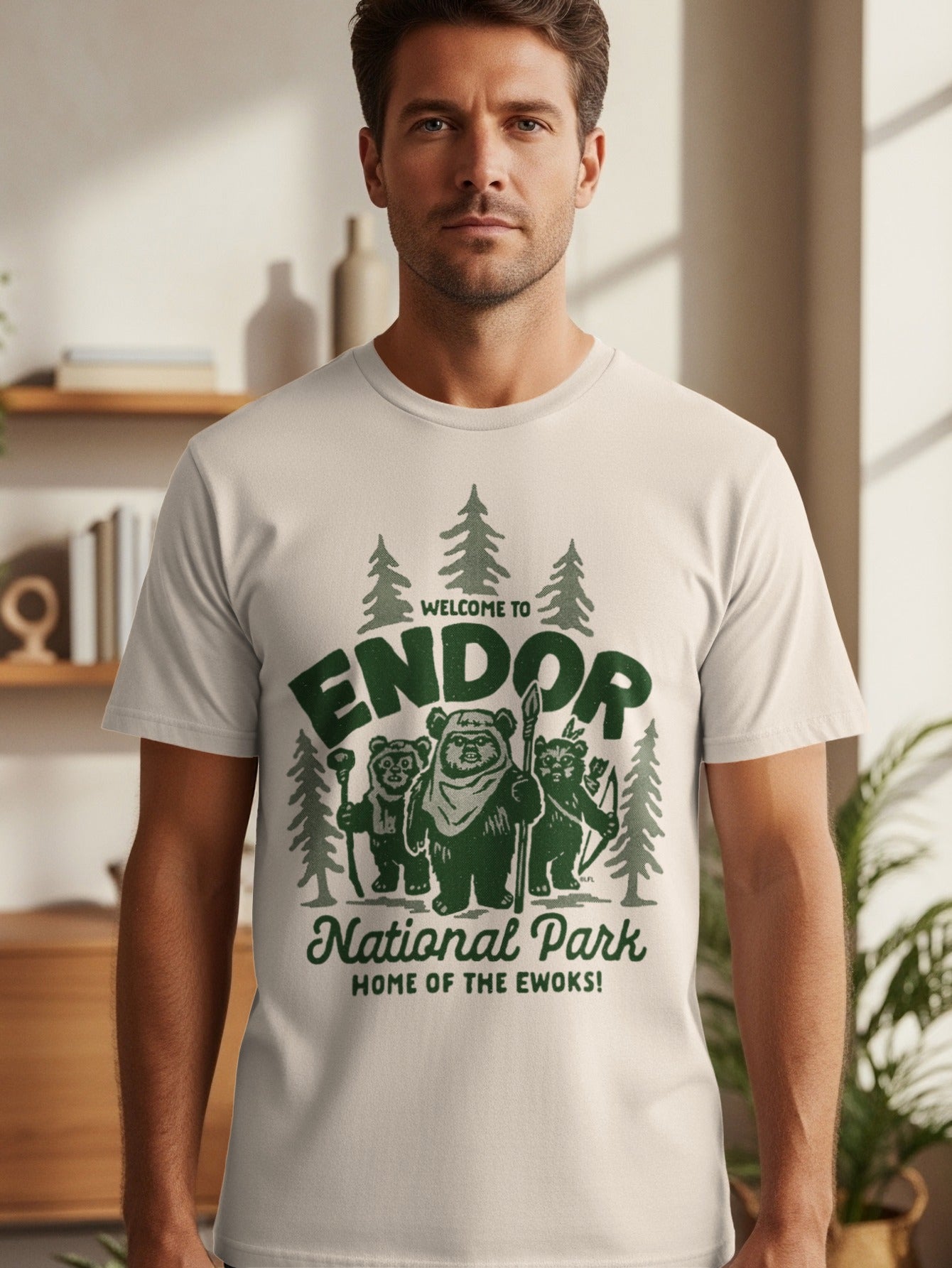 T-shirt graphic: Welcome to Endor National Park, Home of the Ewoks, with three Ewoks.