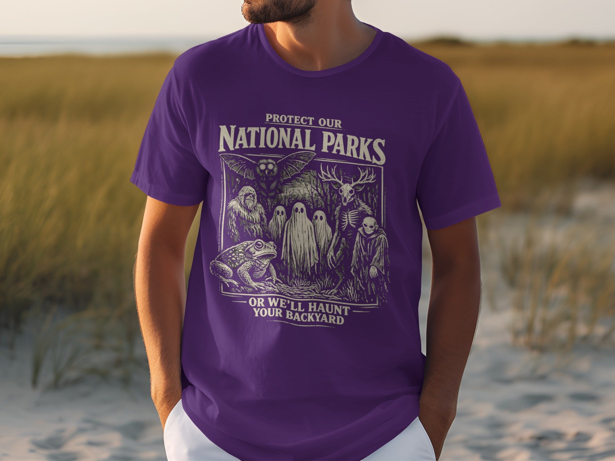 Protece our National Parks, or we'll haunt your backyard shirt graphic.