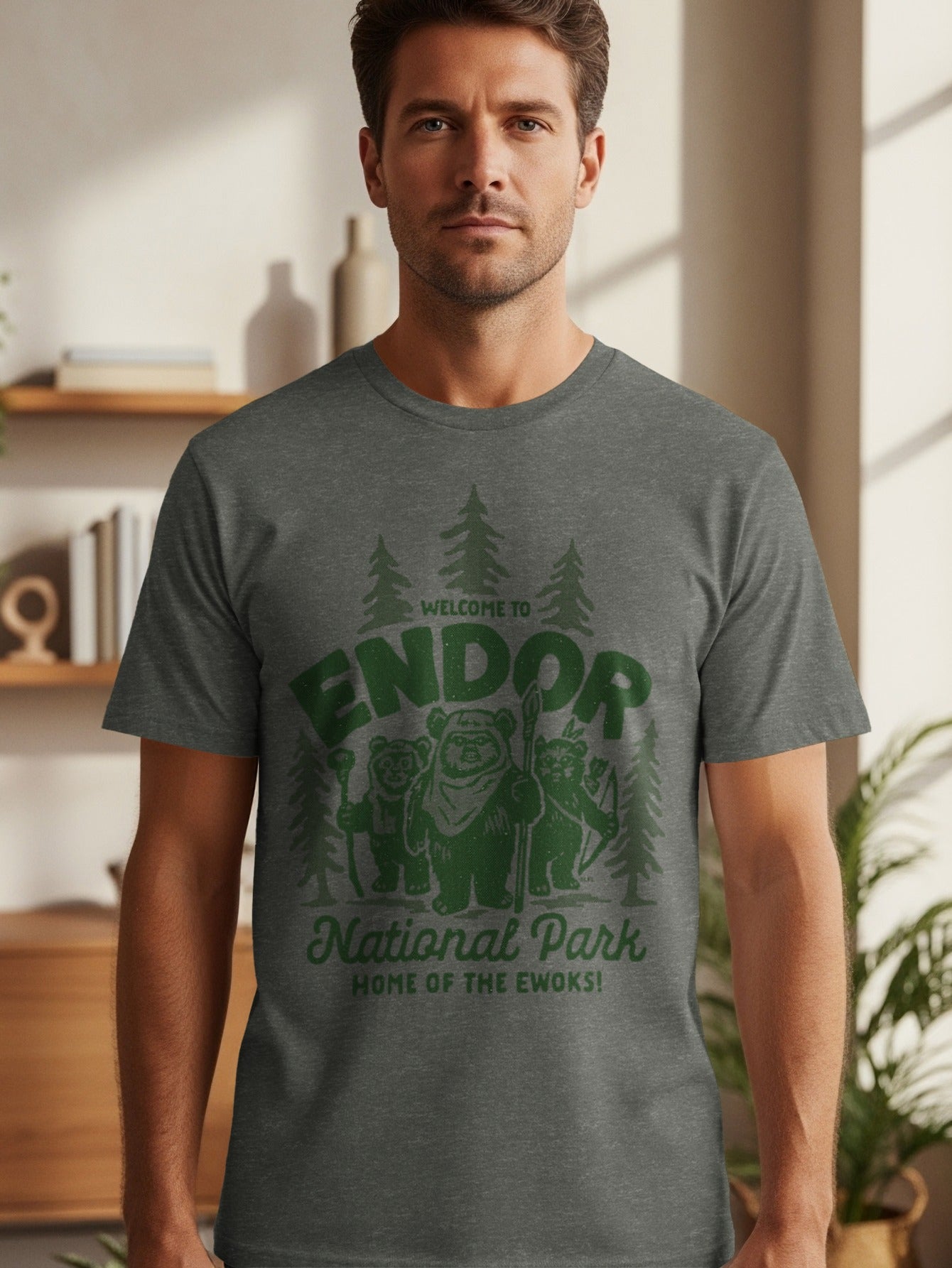 Men's dark grey t-shirt with "Welcome to Endor National Park Home of the Ewoks" graphic.
