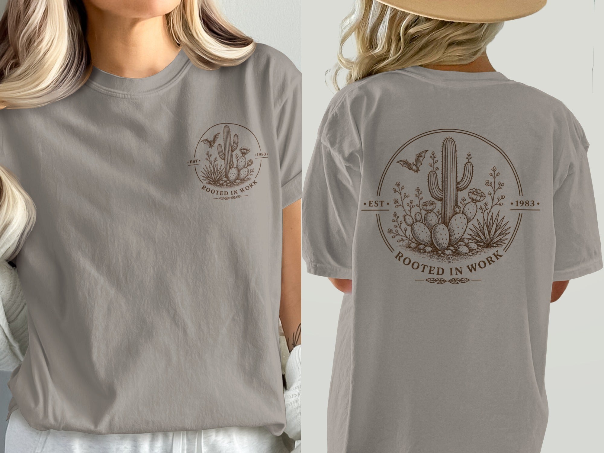 T-shirt with brown desert graphic featuring cactus, succulents, and bat, text "ROOTED IN WORK."