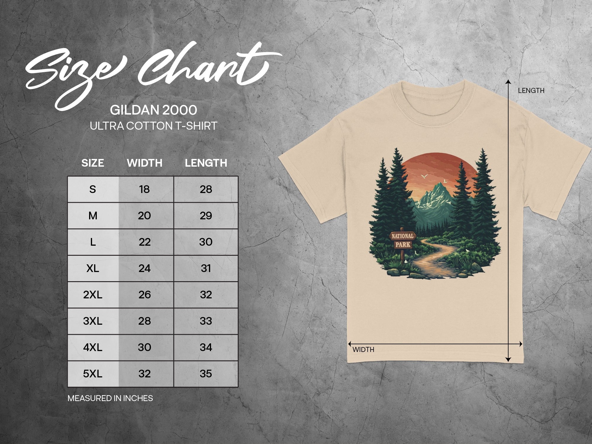 Gildan 2000 Ultra Cotton t-shirt size chart with measurements in inches.