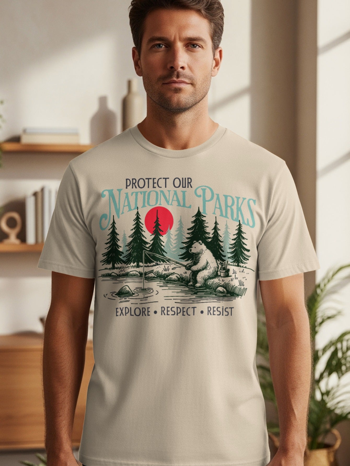 T-shirt graphic with text "Protect Our National Parks" and a bear fishing.
