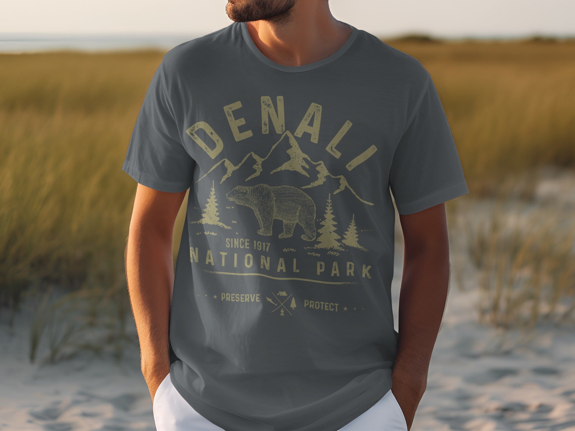 Denali National Park t-shirt with bear, mountains, trees, and text.