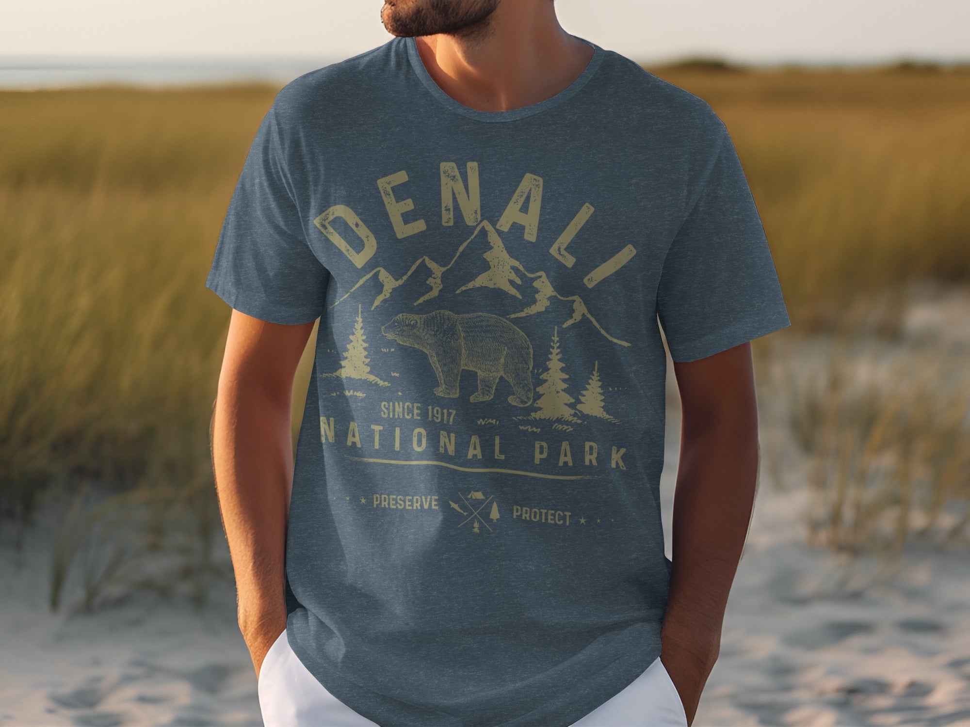Denali National Park t-shirt with bear, mountains, trees, and text.