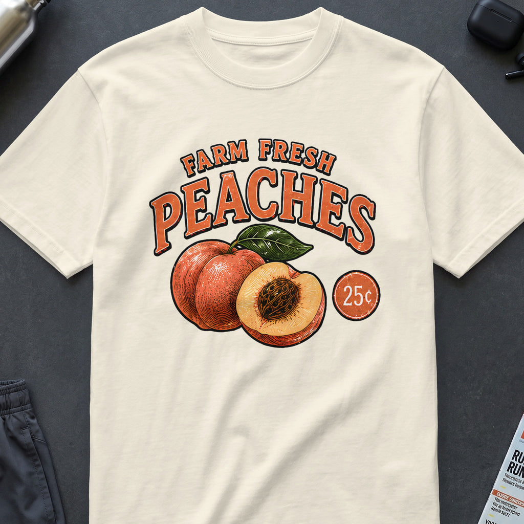 Cream t-shirt with "Farm Fresh Peaches 25c" graphic and illustration of peaches.