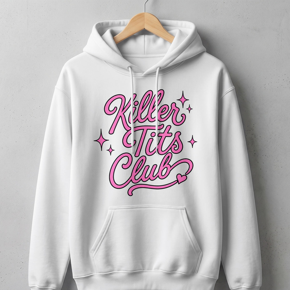 White hoodie with pink "Killer Tits Club" text and small star accents.