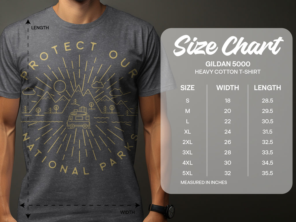 Gildan 5000 size chart for heavy cotton t-shirts, showing size, width, and length measurements.