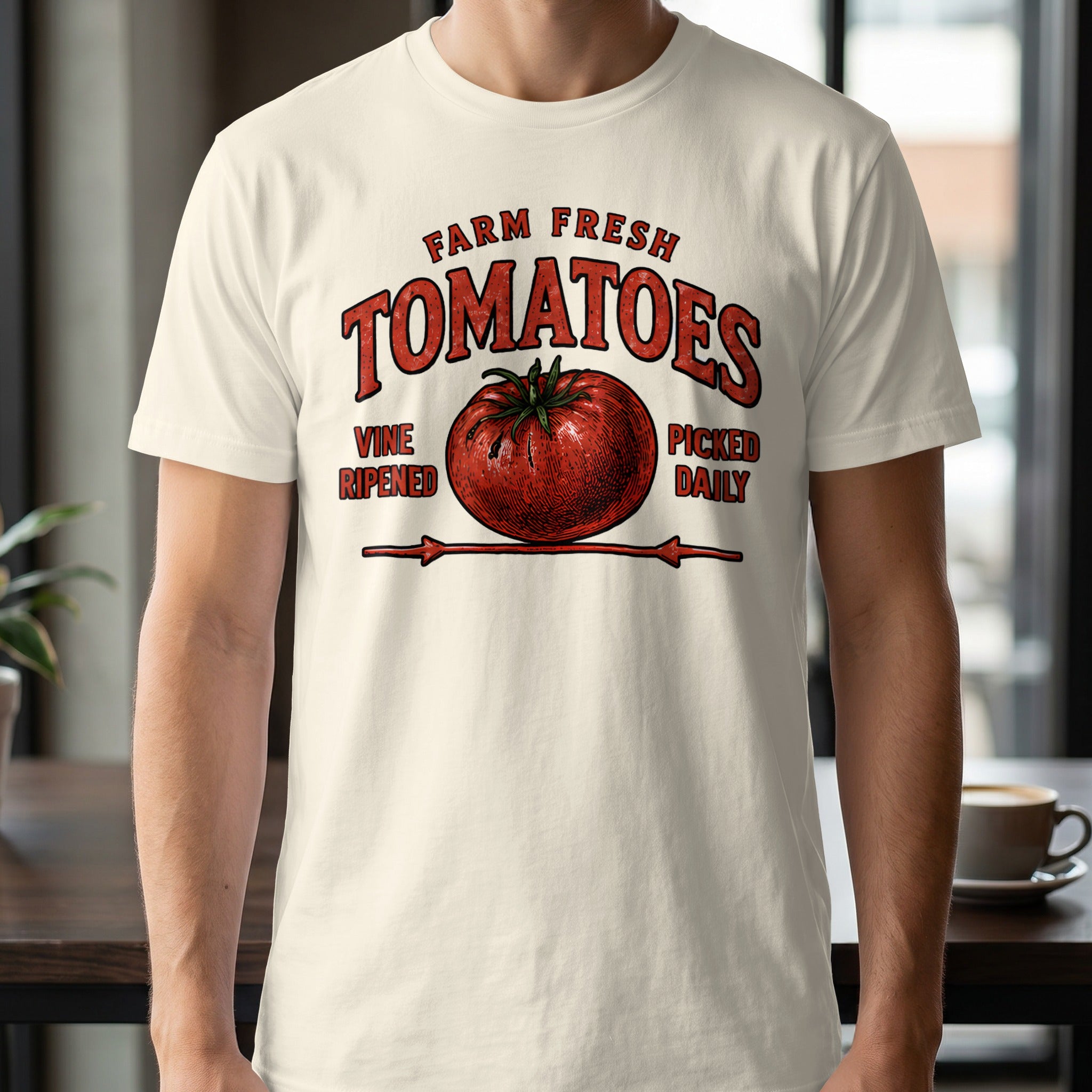 Light cream t-shirt with "Farm Fresh Tomatoes" graphic, a tomato, and "Vine Ripened Picked Daily" text.