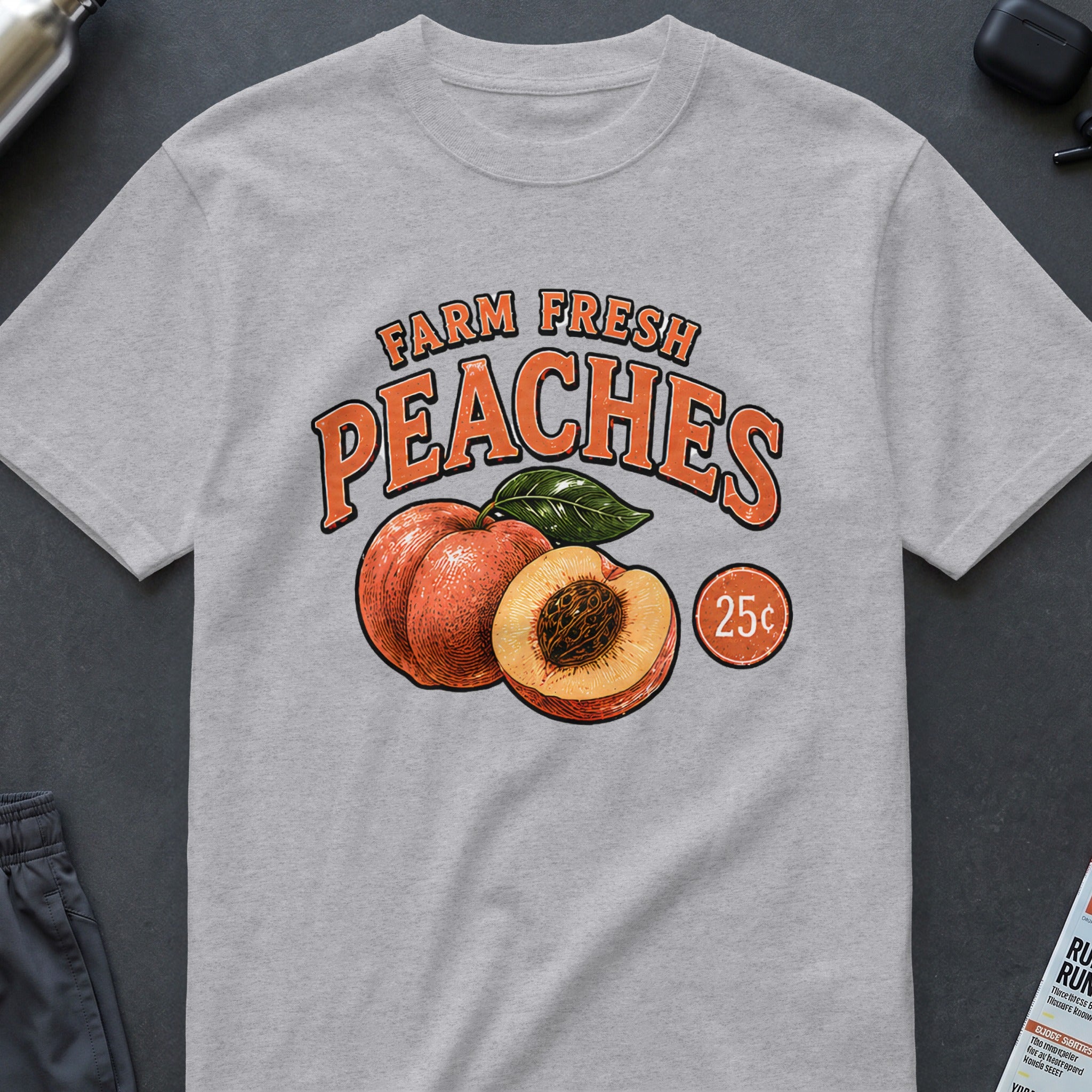 Farm Fresh Peaches graphic with whole and halved peaches and 25c price.