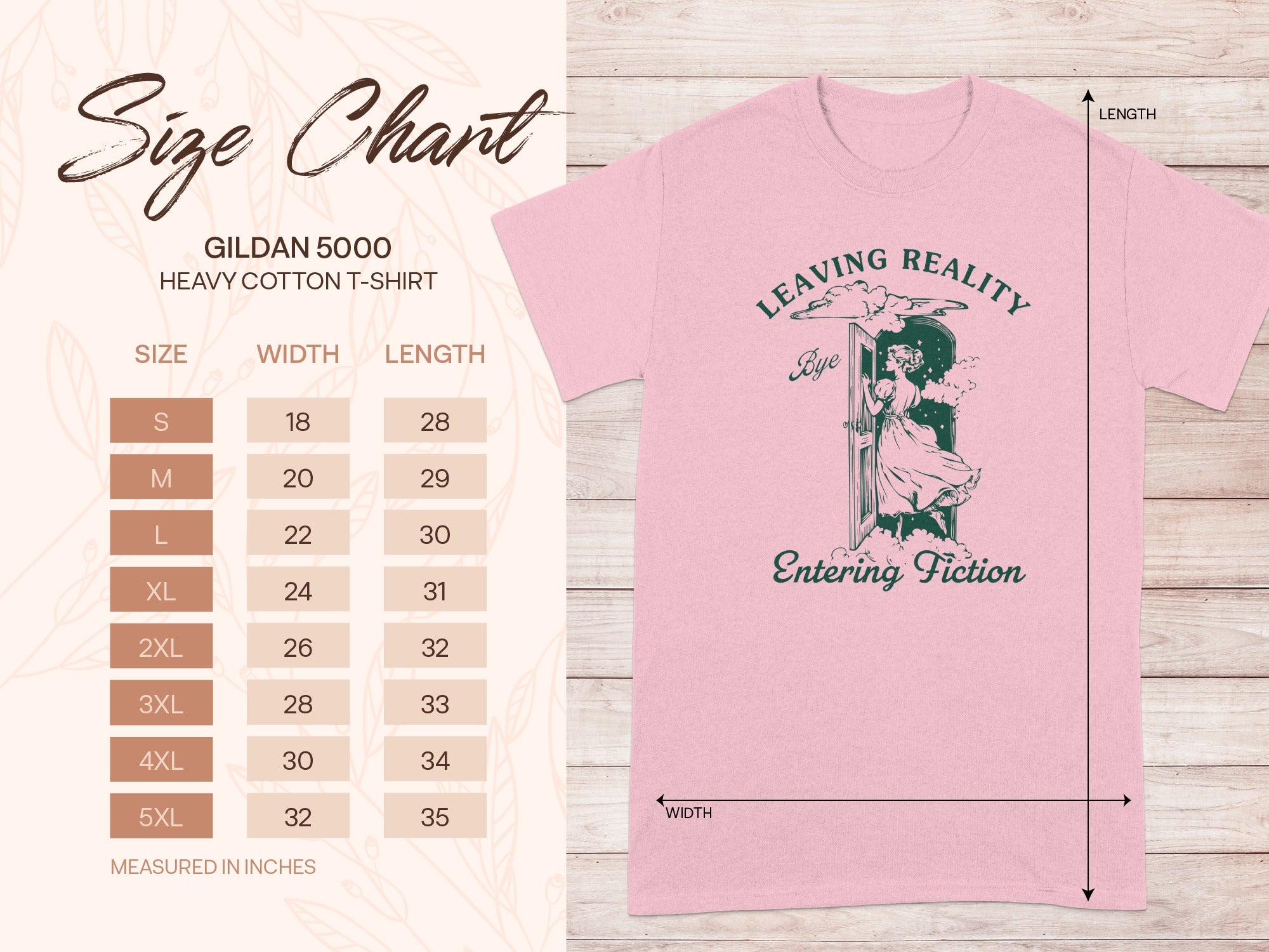 Gildan 5000 size chart for heavy cotton t-shirt with graphic.