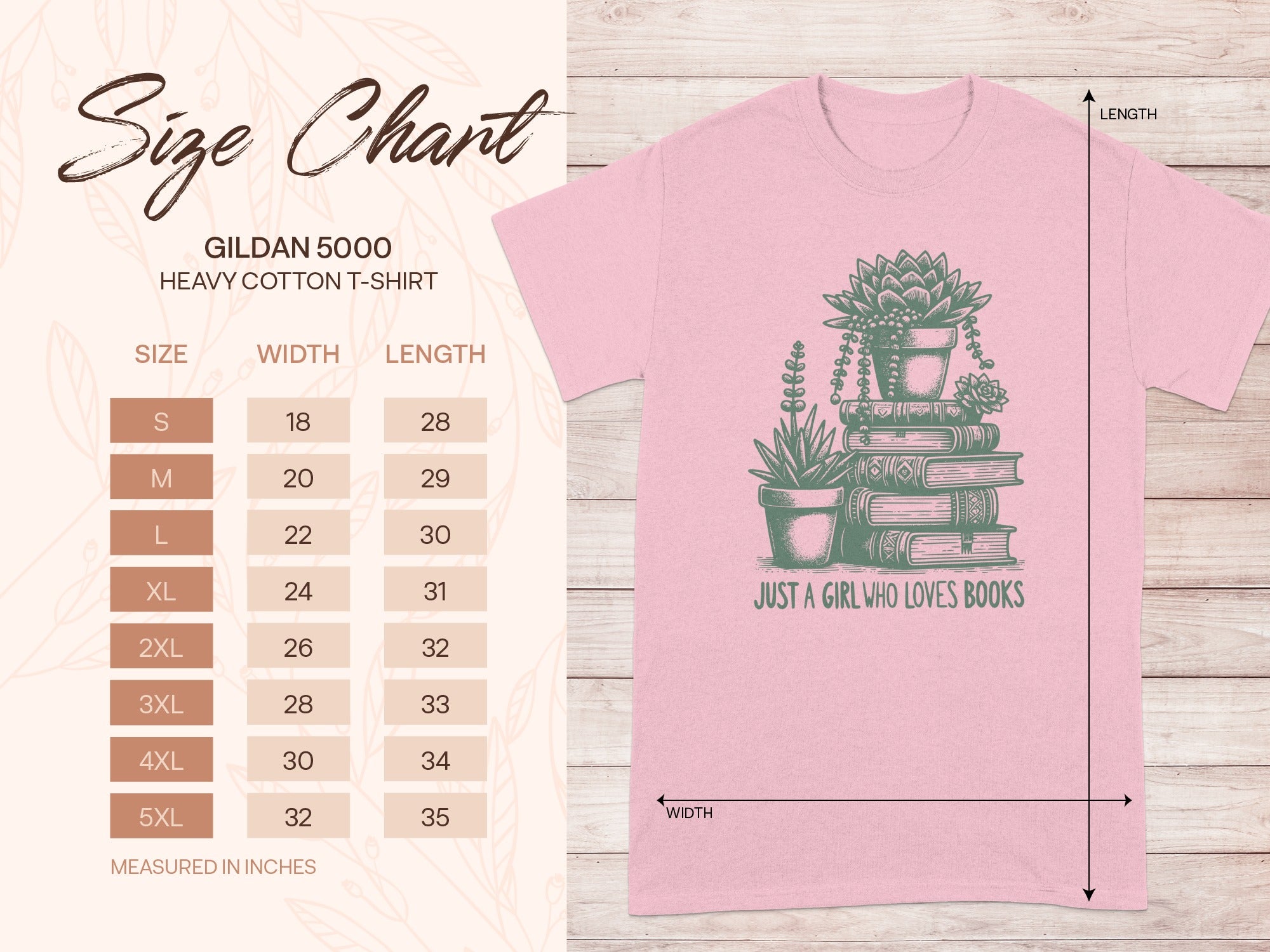 Gildan 5000 Heavy Cotton T-Shirt size chart with "Just a Girl Who Loves Books" graphic.