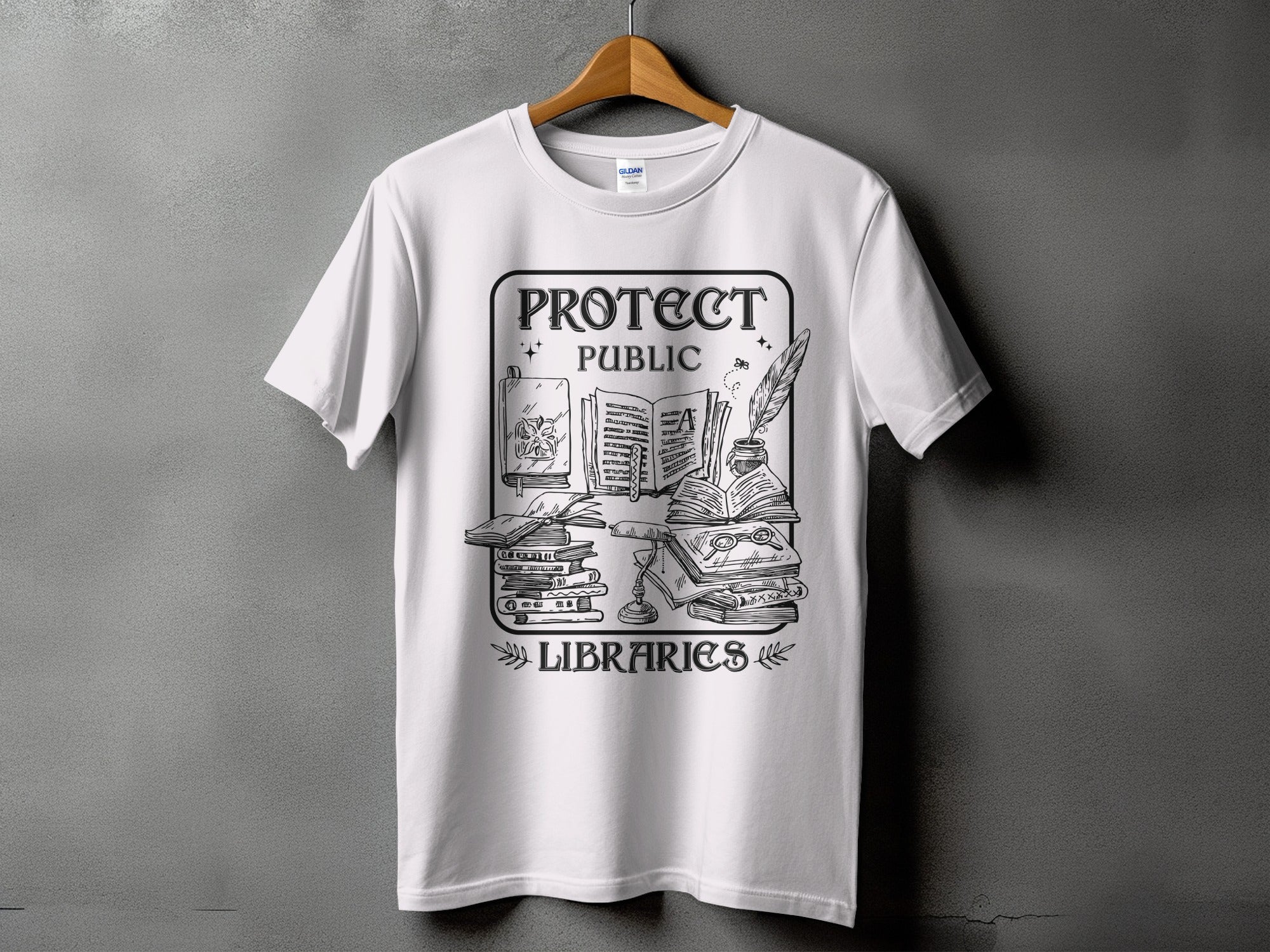 White t-shirt with black graphic: "PROTECT PUBLIC LIBRARIES" and stack of books.