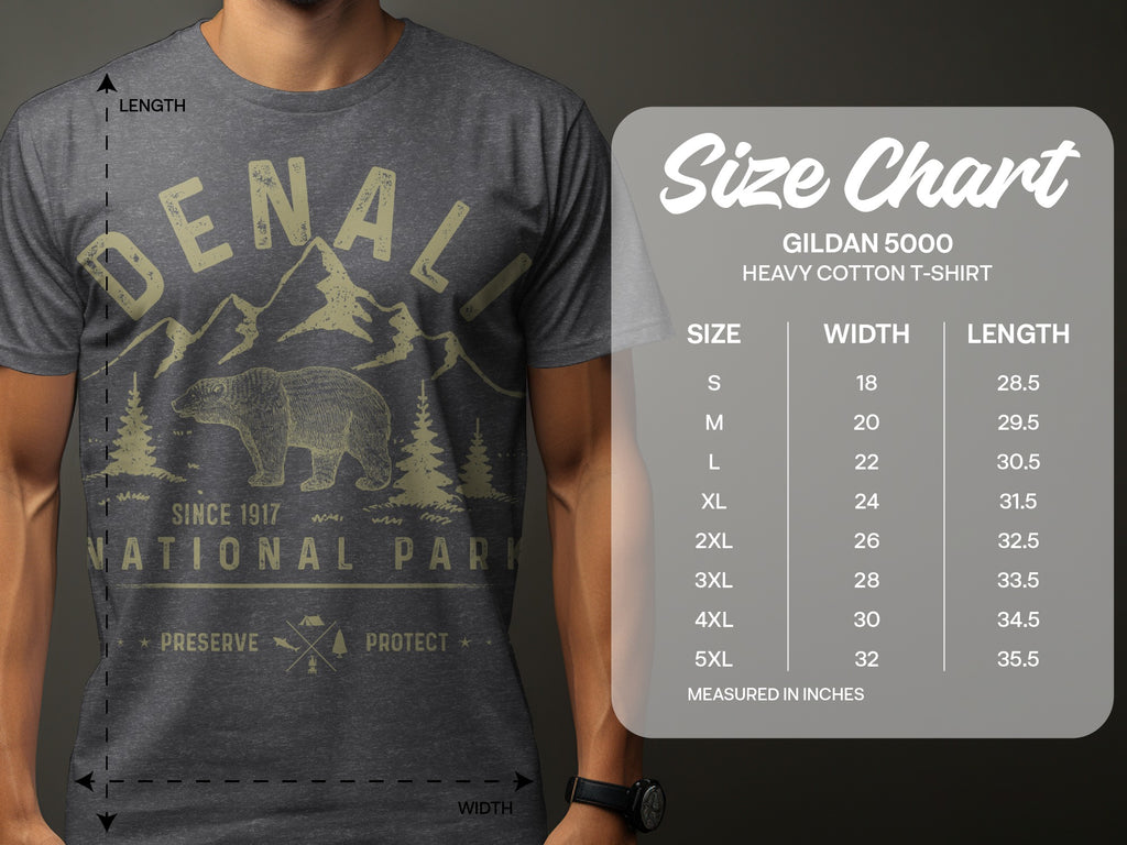 Denali National Park t-shirt with bear graphic and size chart measurements.