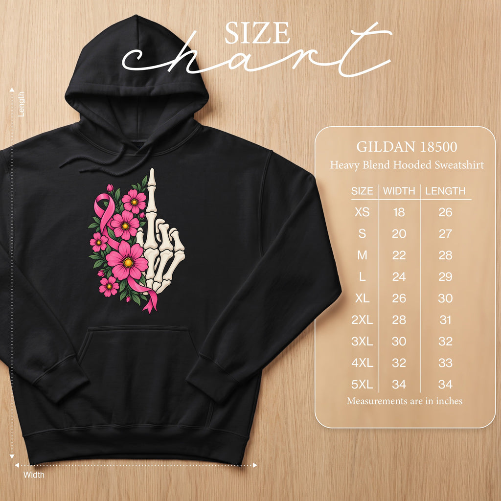 Black GILDAN 18500 hooded sweatshirt with skeleton hand and pink floral breast cancer ribbon design.
