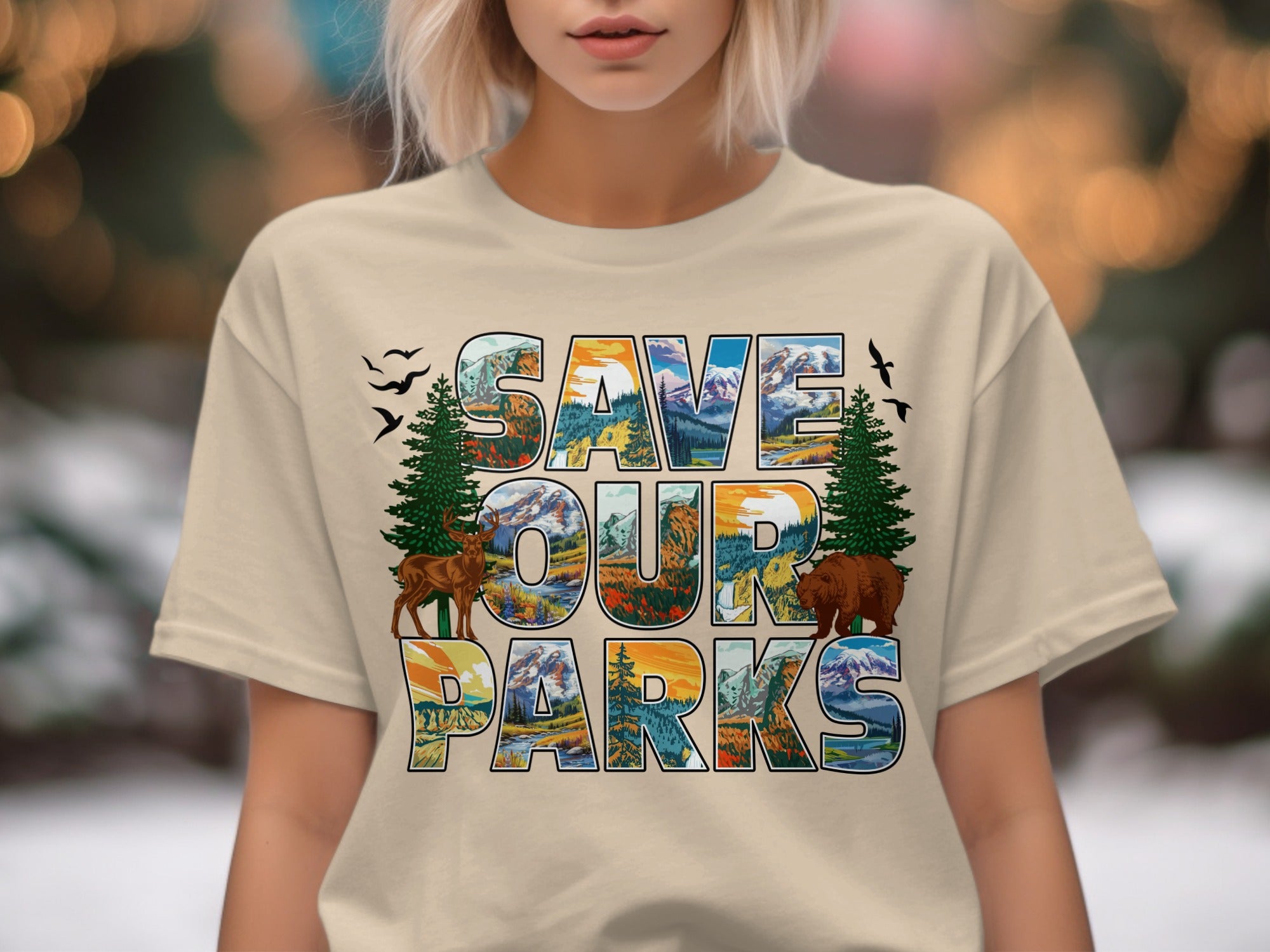 "Save Our Parks" text with mountain landscapes, trees, birds, bear, and deer graphic.