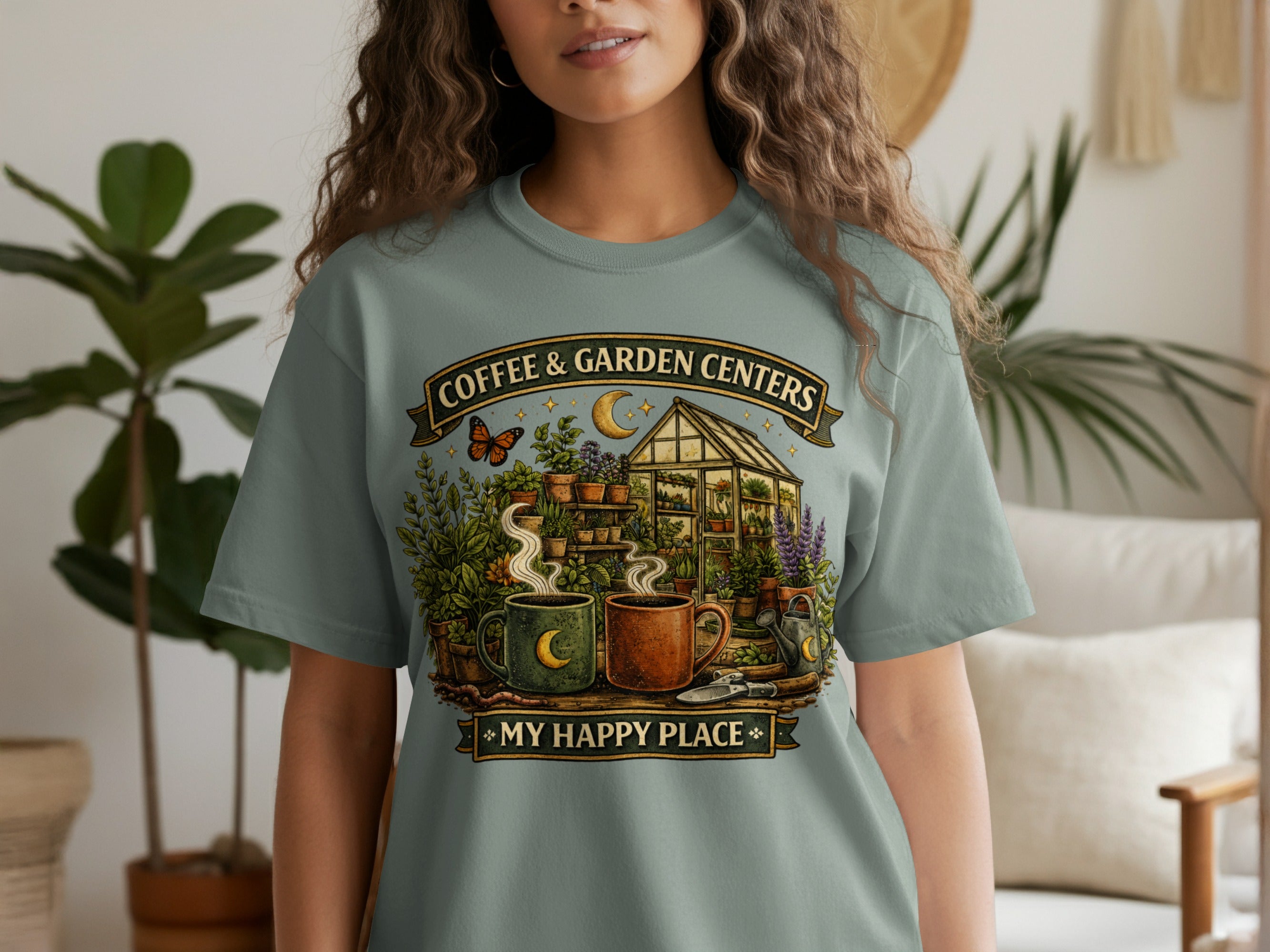 T-shirt with illustration of greenhouse, plants, coffee mugs, gardening tools, and text.
