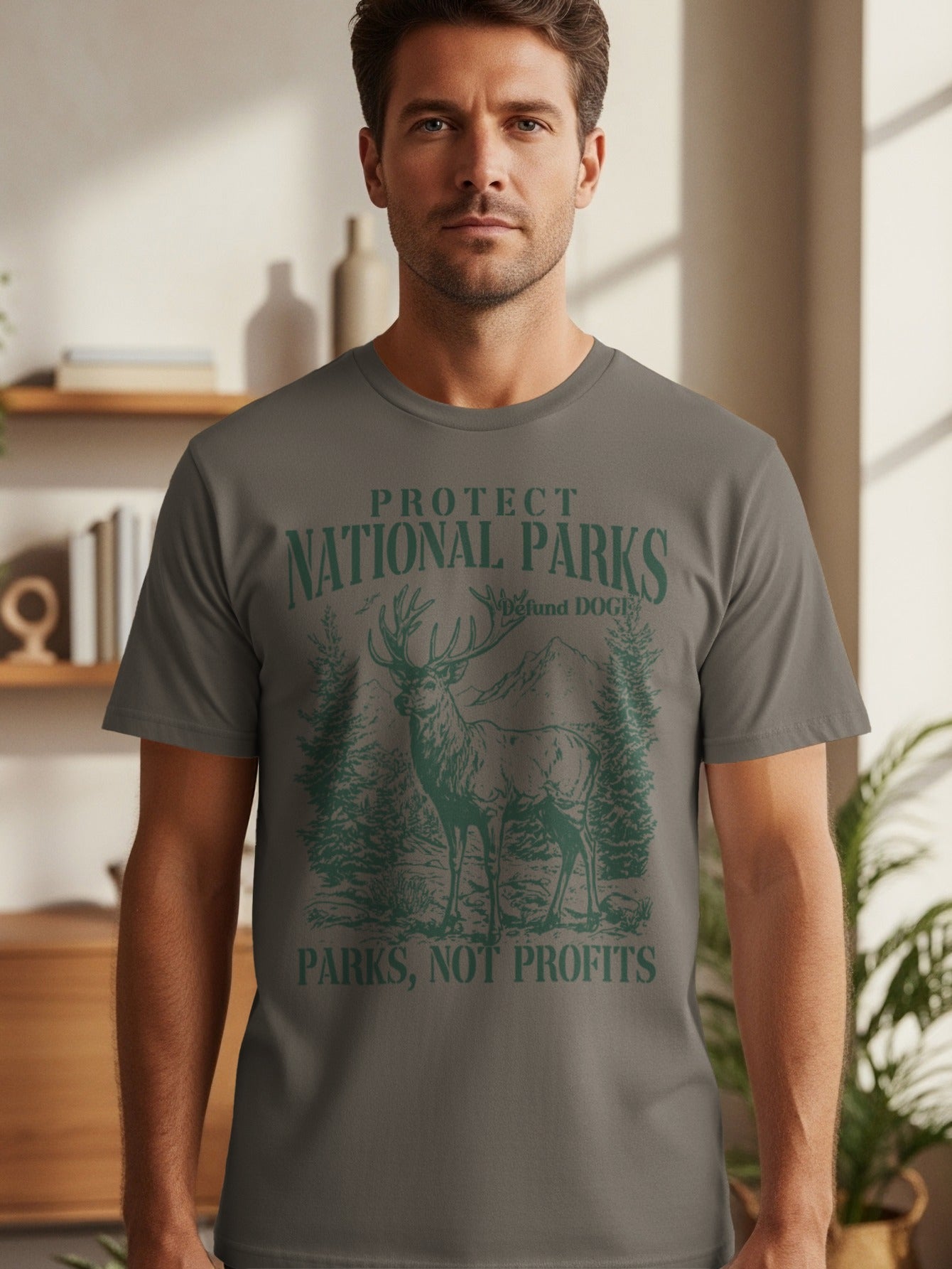 T-shirt with graphic of a deer and trees, text reads "Protect National Parks."