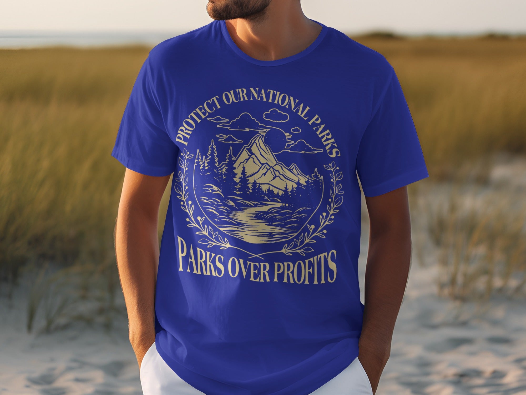 T-shirt with "Protect Our National Parks" and "Parks Over Profits" text and mountain graphic.
