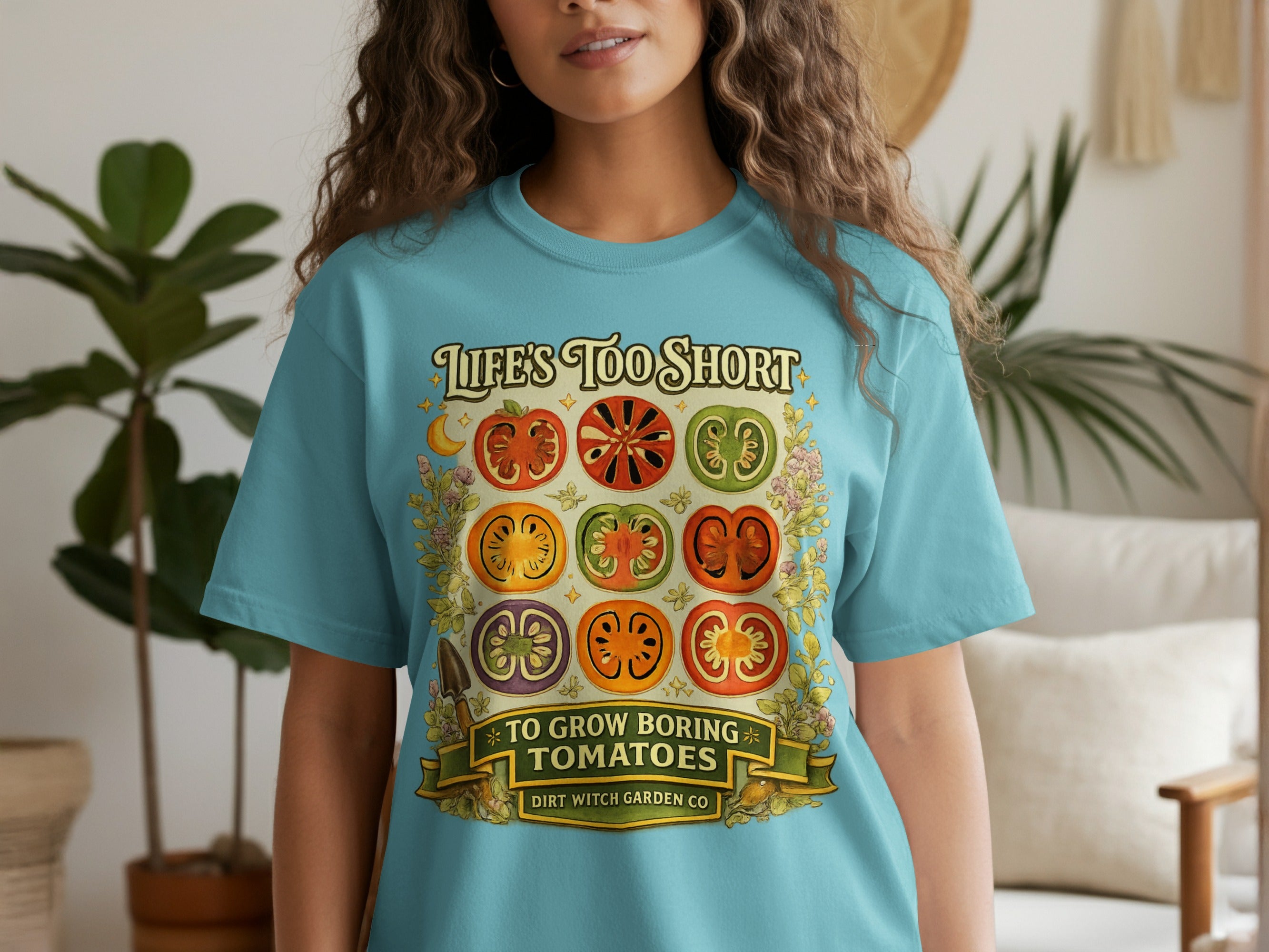 Blue t-shirt with tomato slices and the text "LIFE'S TOO SHORT TO GROW BORING TOMATOES."