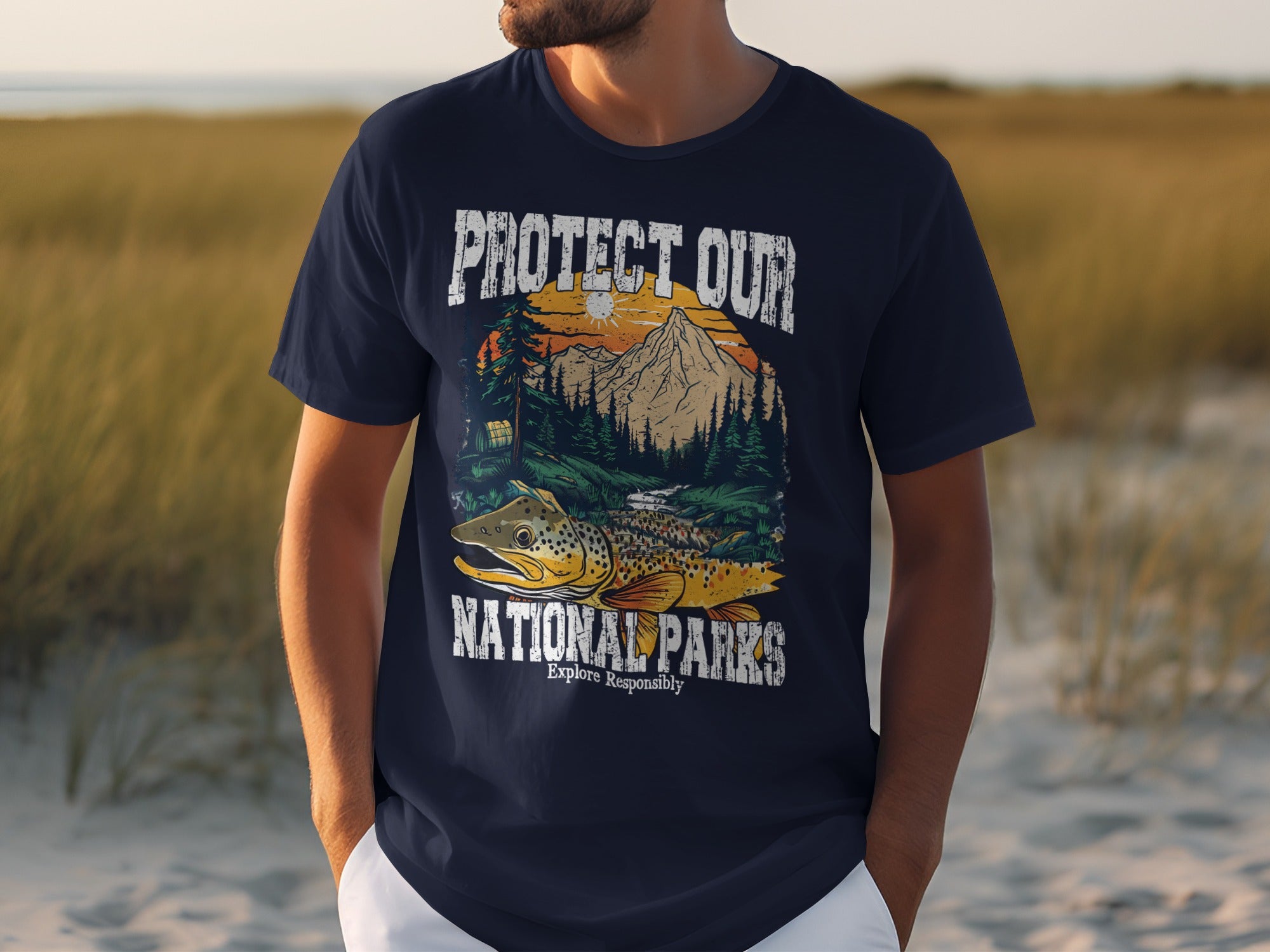 Navy t-shirt with "Protect Our National Parks" text and trout graphic.