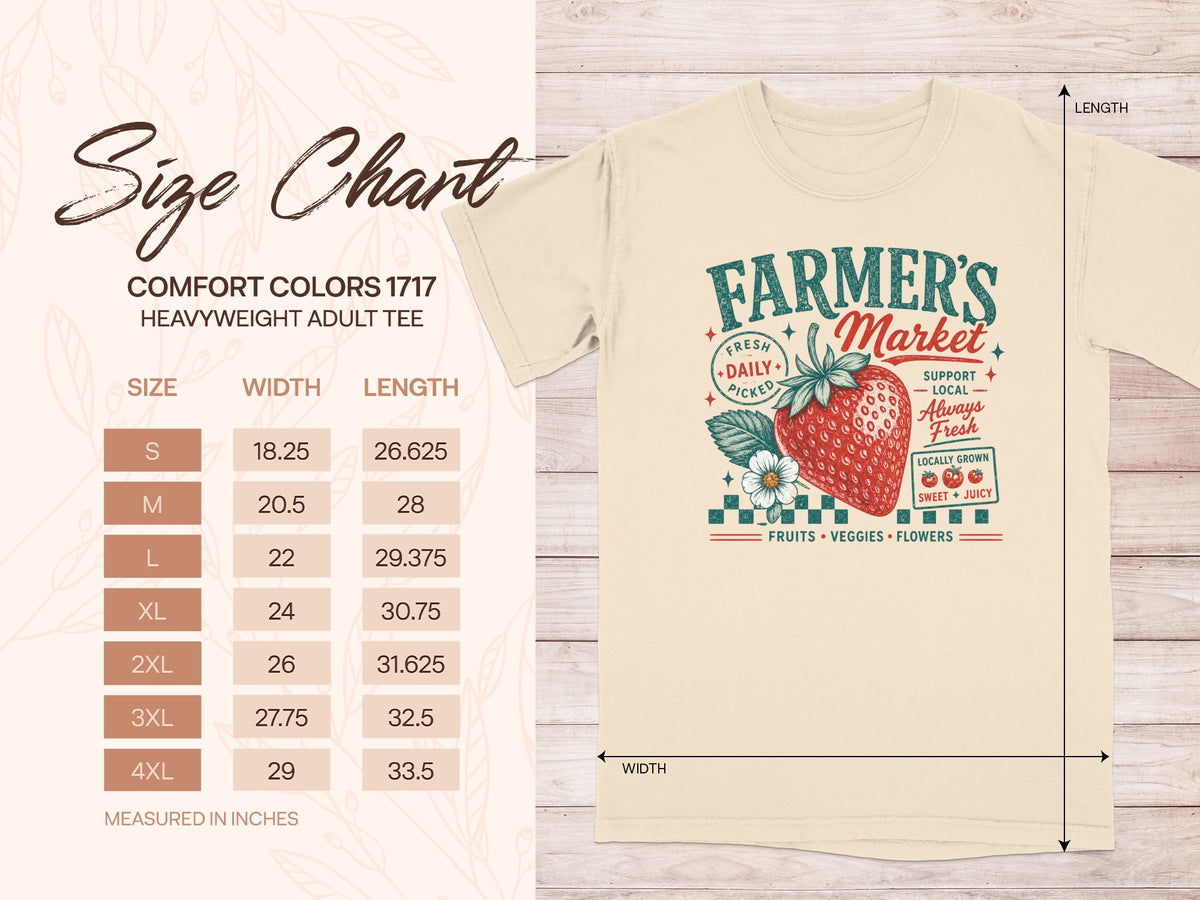 Comfort Colors 1717 heavyweight adult tee size chart with "Farmer's Market" graphic.
